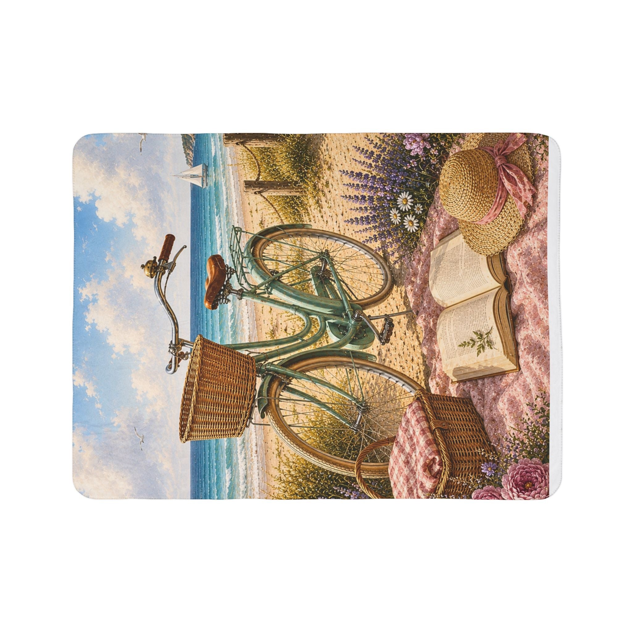 Sherpa Blanket — Coastal Bicycle Beach Scene Fleece Throw