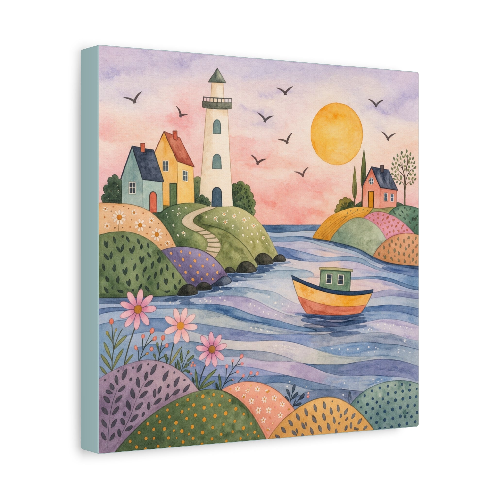 Coastal Lighthouse Art Canvas - Whimsical Seaside Watercolor Wall Decor