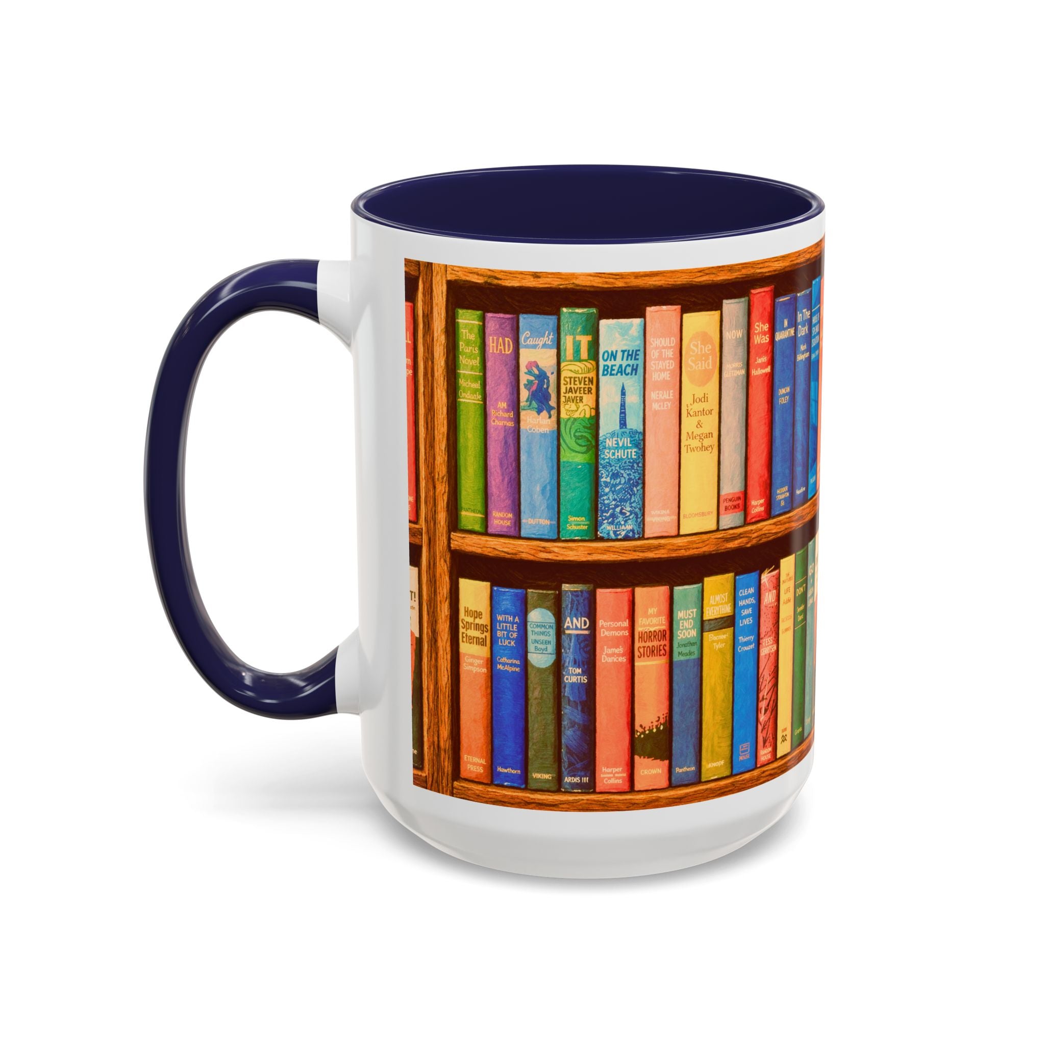 Booklover Accent Coffee Mug – Colorful Bookshelf Design (15 oz)
