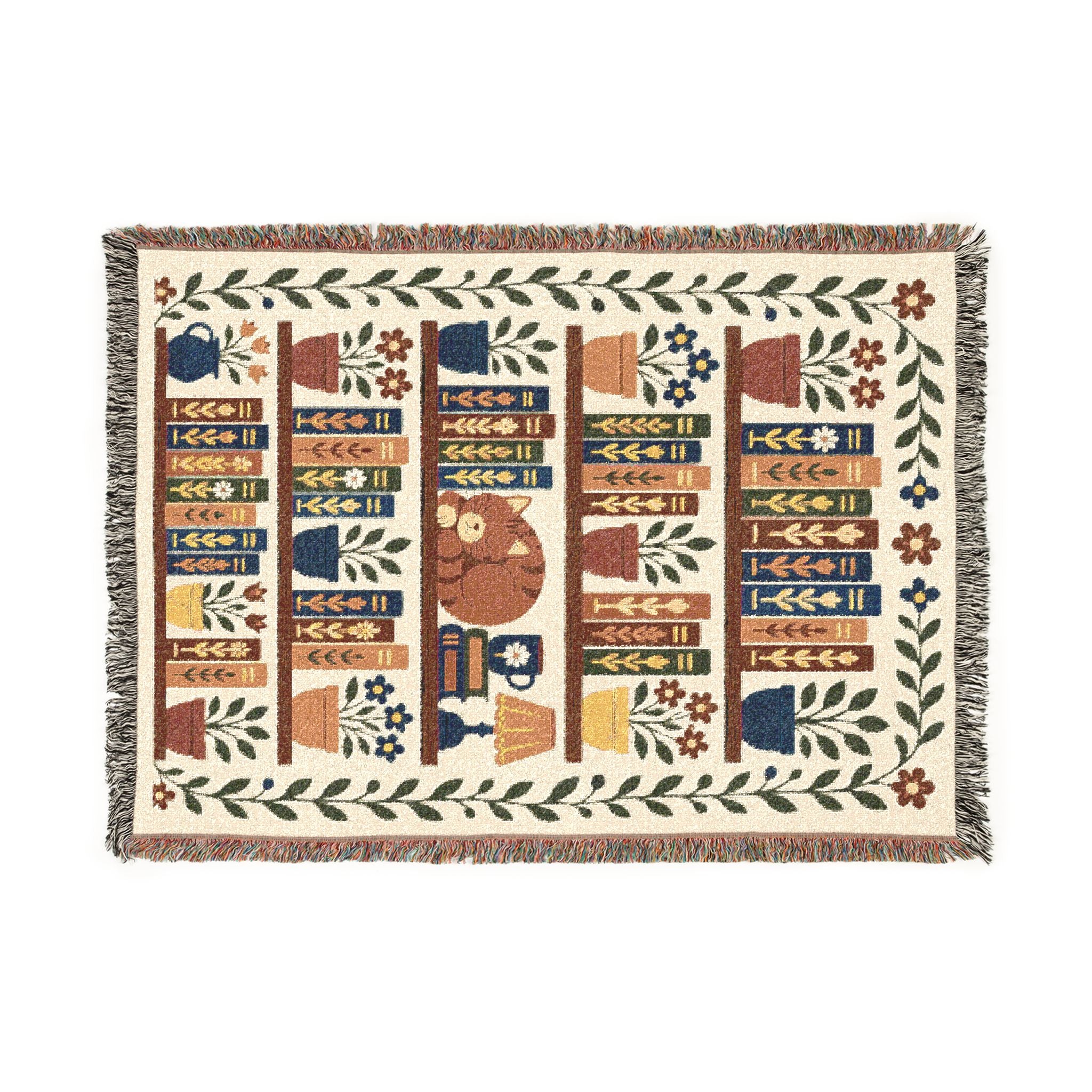 Library Bookcase with Cat Woven Throw Blanket — Cozy Reading Room Decor