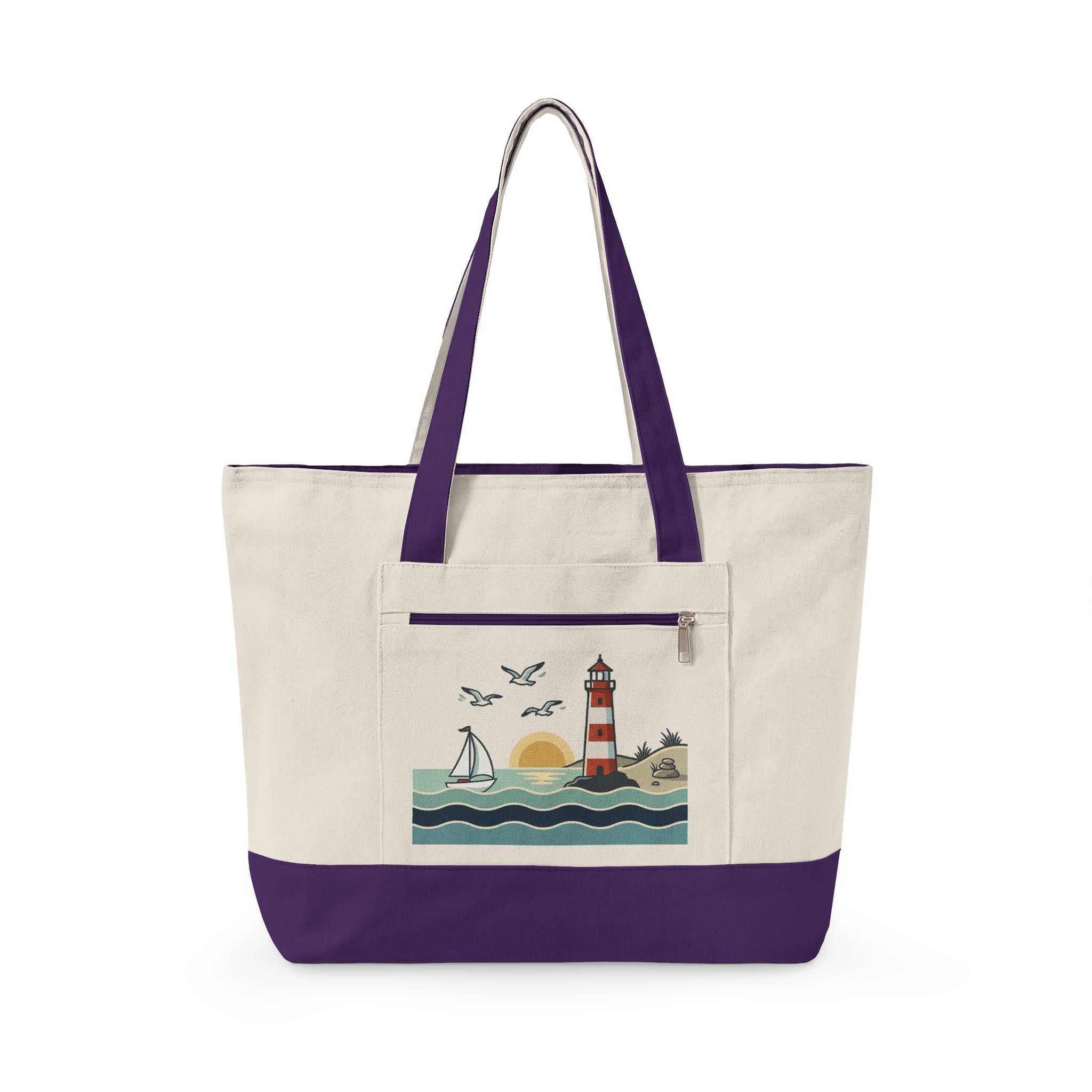 Lighthouse Sunset Canvas Tote Bag — Zippered Beach Tote with Sailboat Design