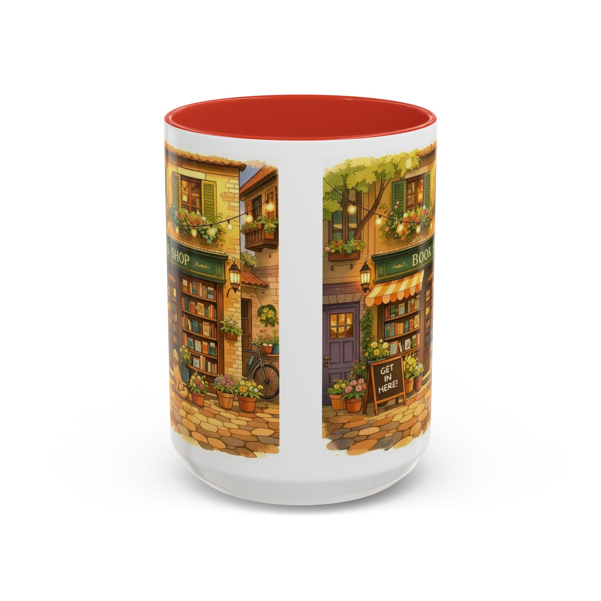 Bookshop Coffee Mug — Cozy Village Bookstore Illustration Accent Mug for Book and Dog Lovers (15oz)