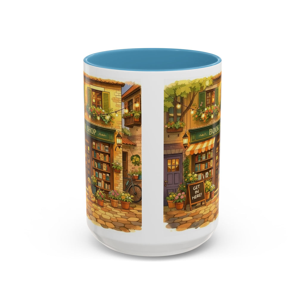 Bookshop Coffee Mug — Cozy Village Bookstore Illustration Accent Mug for Book and Dog Lovers (15oz)