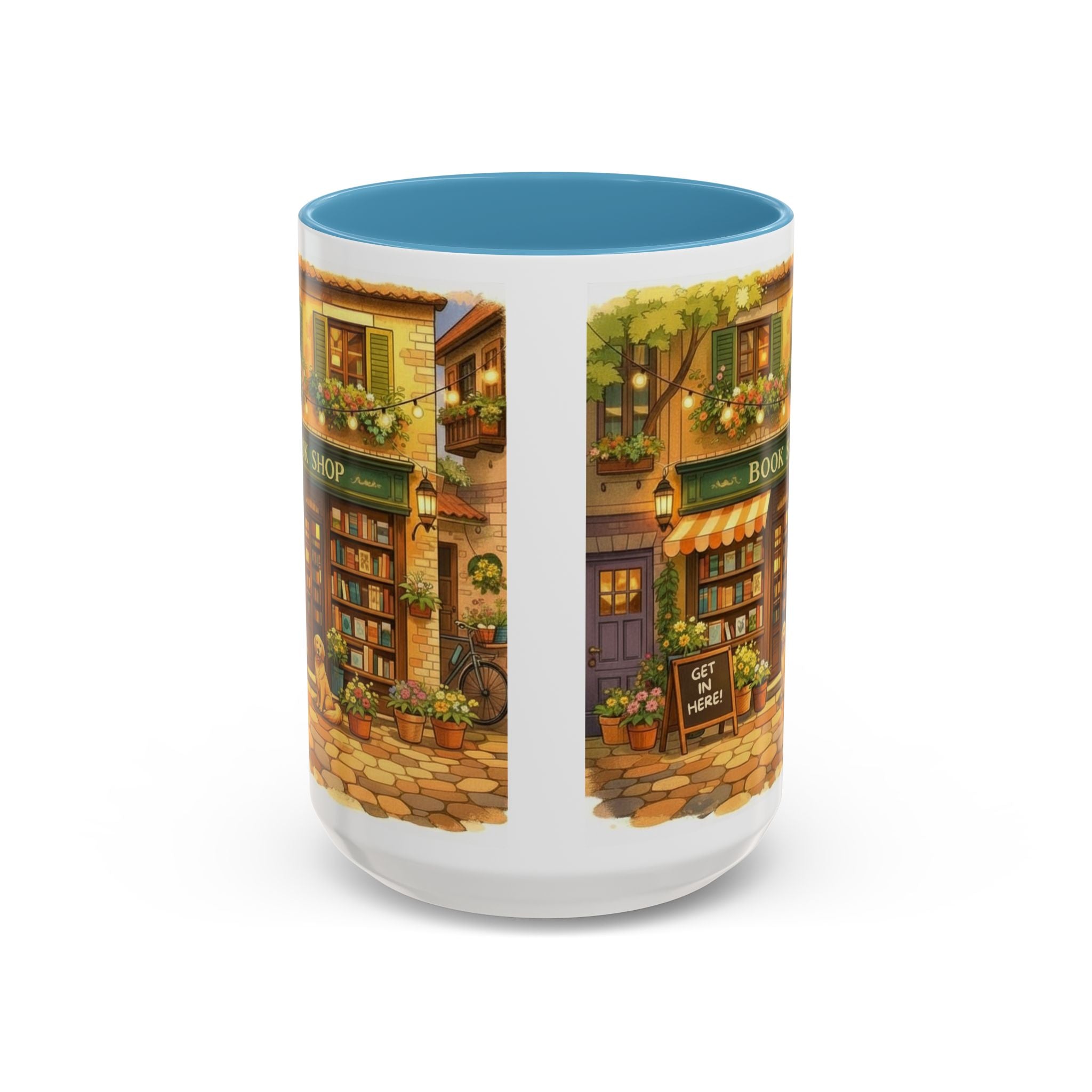Bookshop Coffee Mug — Cozy Village Bookstore Illustration Accent Mug for Book and Dog Lovers (15oz)