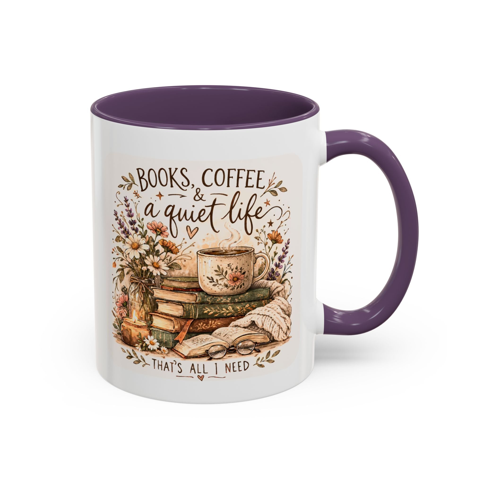 Books, Coffee & A Quiet Life Accent Coffee Mug — Cozy Literary Tea Cup (11/15oz)