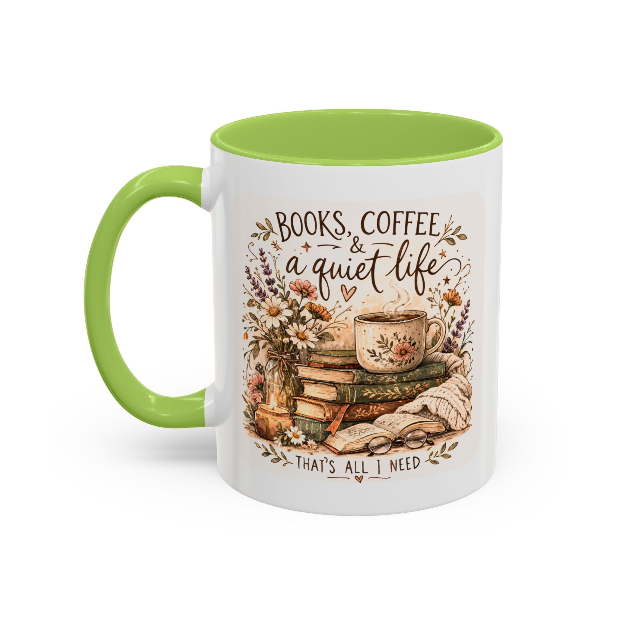 Books, Coffee & A Quiet Life Accent Coffee Mug — Cozy Literary Tea Cup (11/15oz)