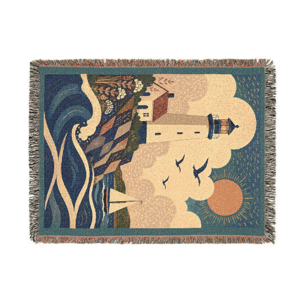 Lighthouse Coastal Woven Blanket — Nautical Sunset Throw