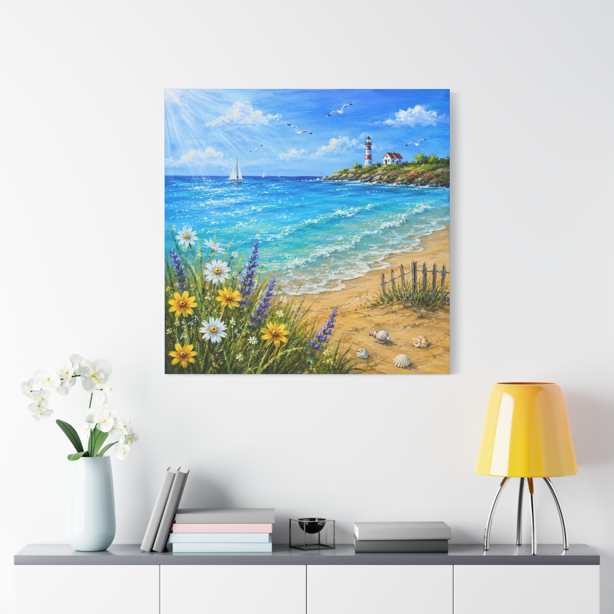 Coastal Lighthouse Beach Canvas Print — Seaside Floral Wall Art (Matte Stretched)