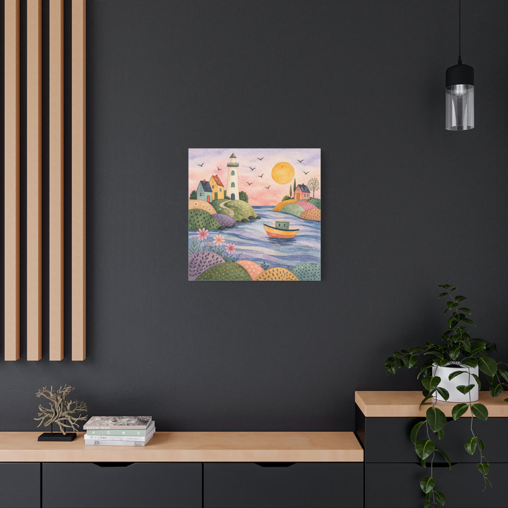 Coastal Lighthouse Art Canvas - Whimsical Seaside Watercolor Wall Decor