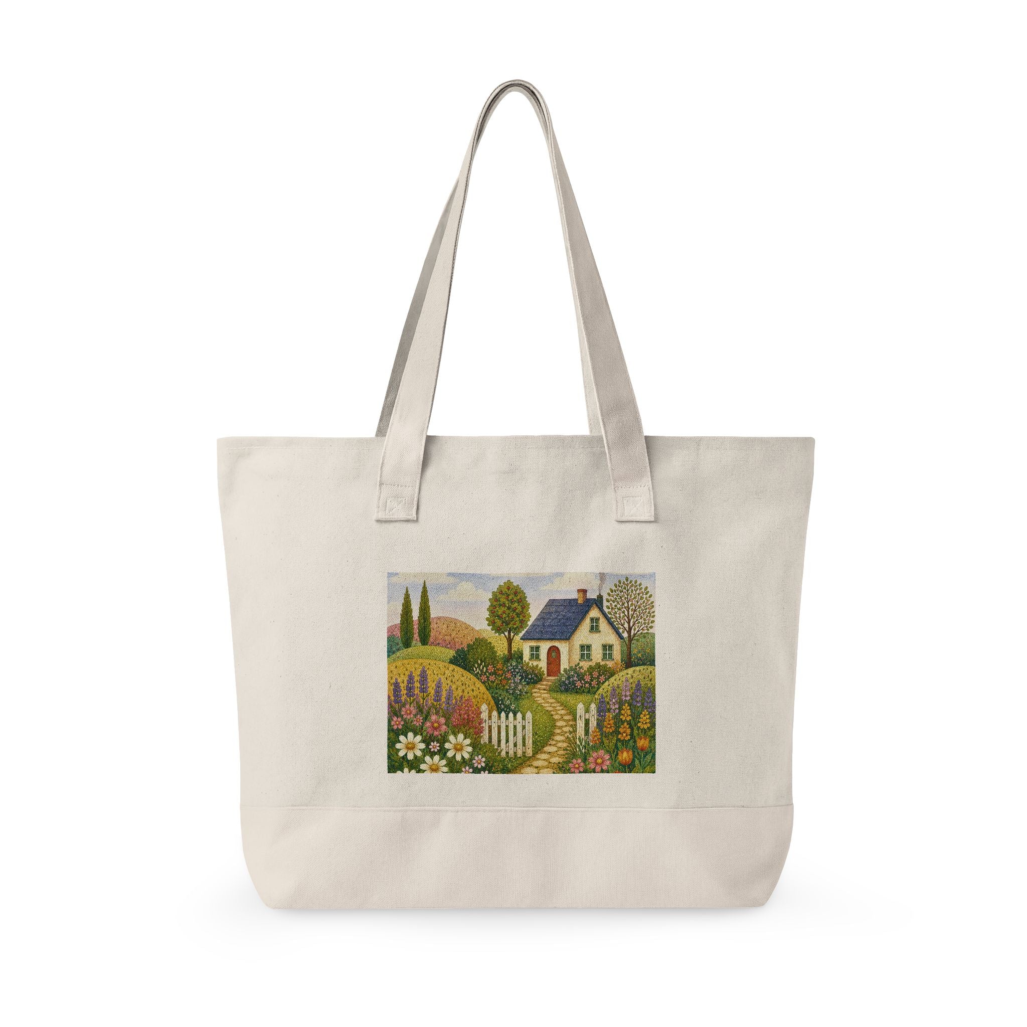 Canvas Tote Bag – Charming Cottage Garden illustration, Zippered Canvas Tote for Market, Beach & Everyday