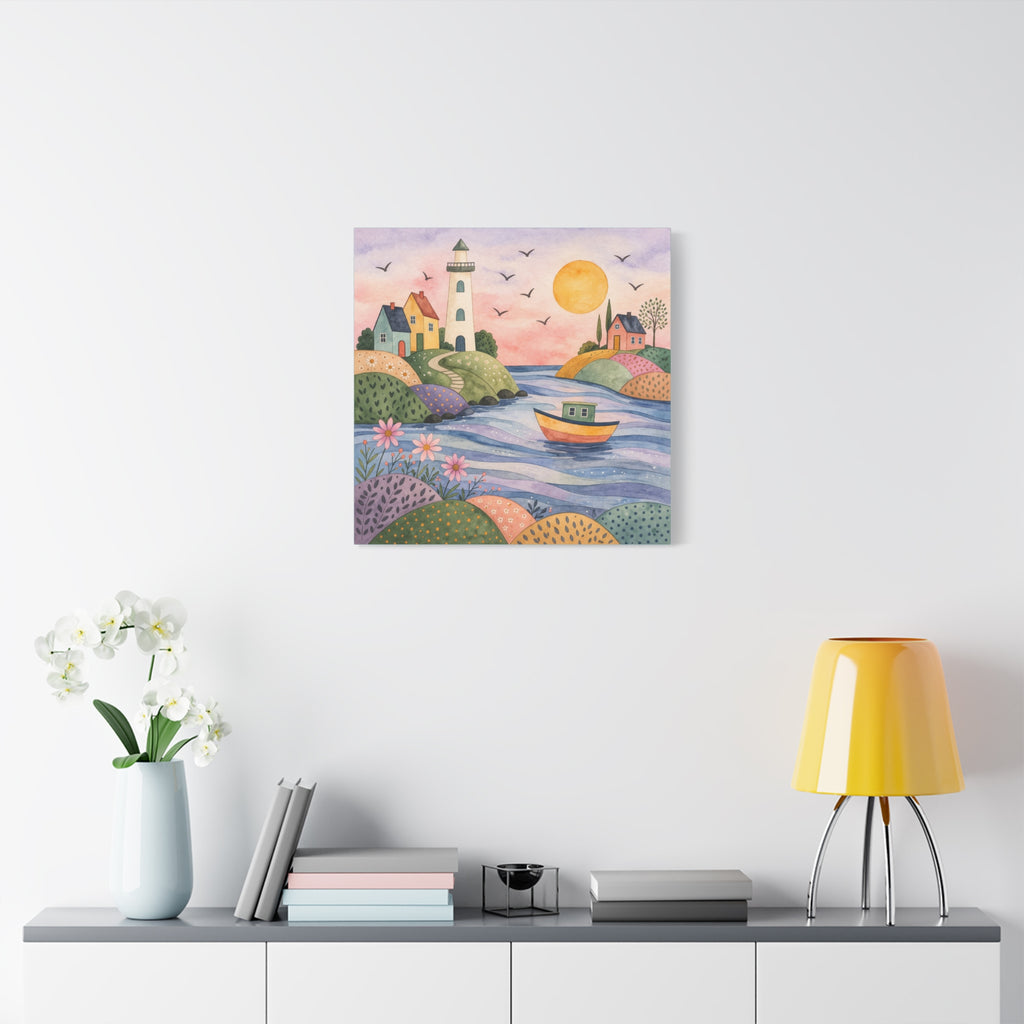Coastal Lighthouse Art Canvas - Whimsical Seaside Watercolor Wall Decor