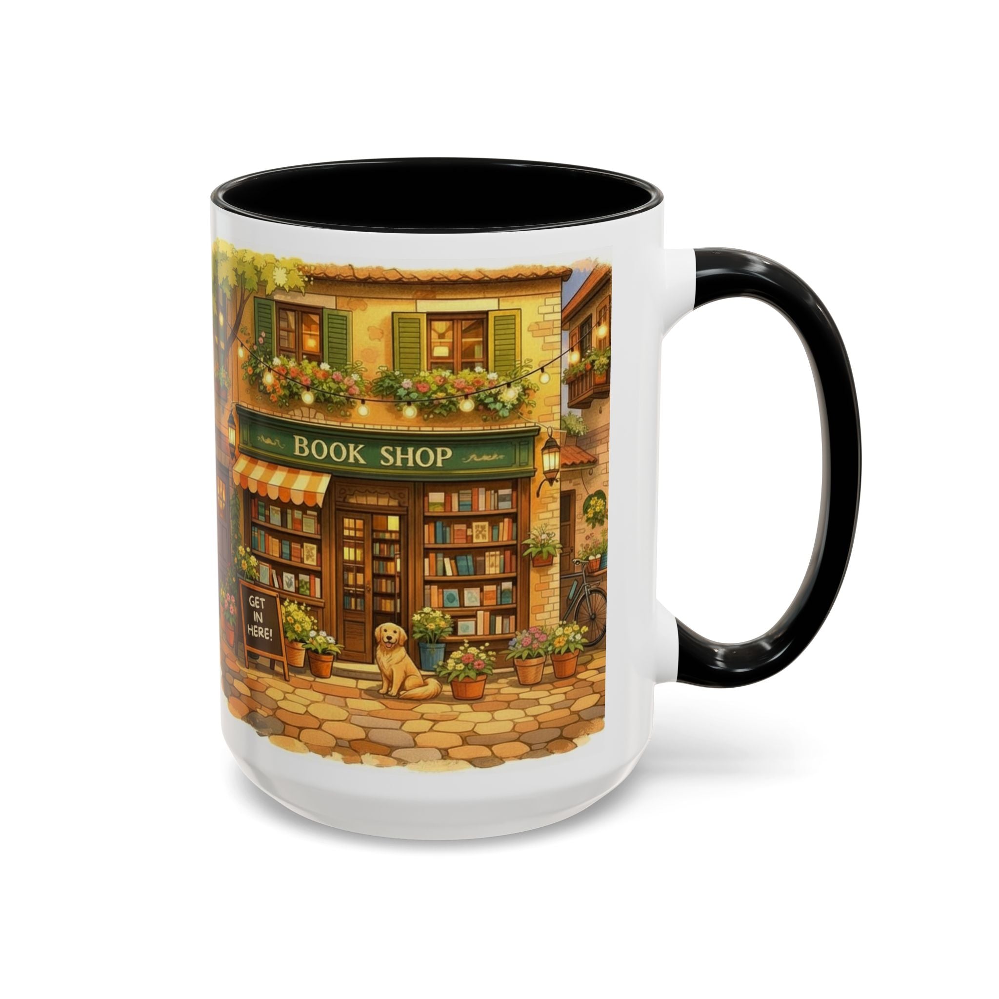 Bookshop Coffee Mug — Cozy Village Bookstore Illustration Accent Mug for Book and Dog Lovers (15oz)