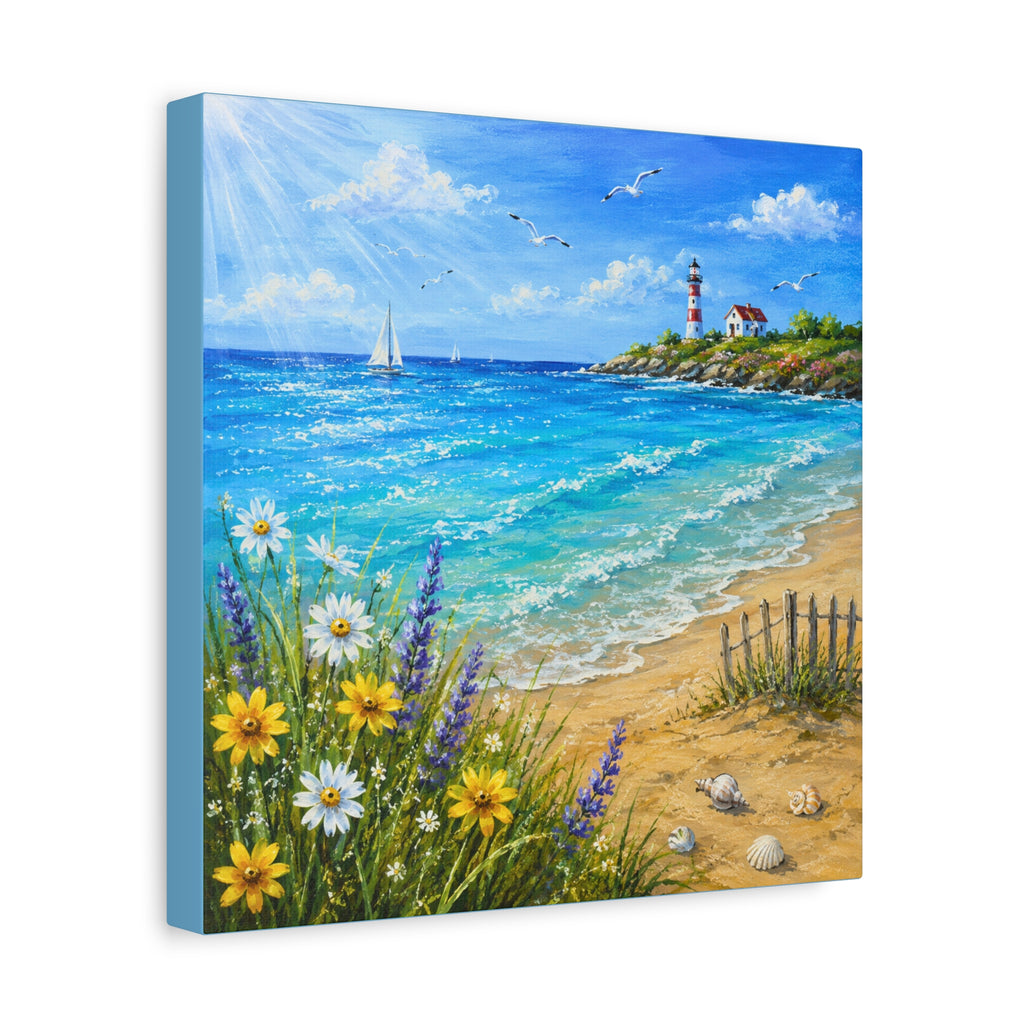 Coastal Lighthouse Beach Canvas Print — Seaside Floral Wall Art (Matte Stretched)