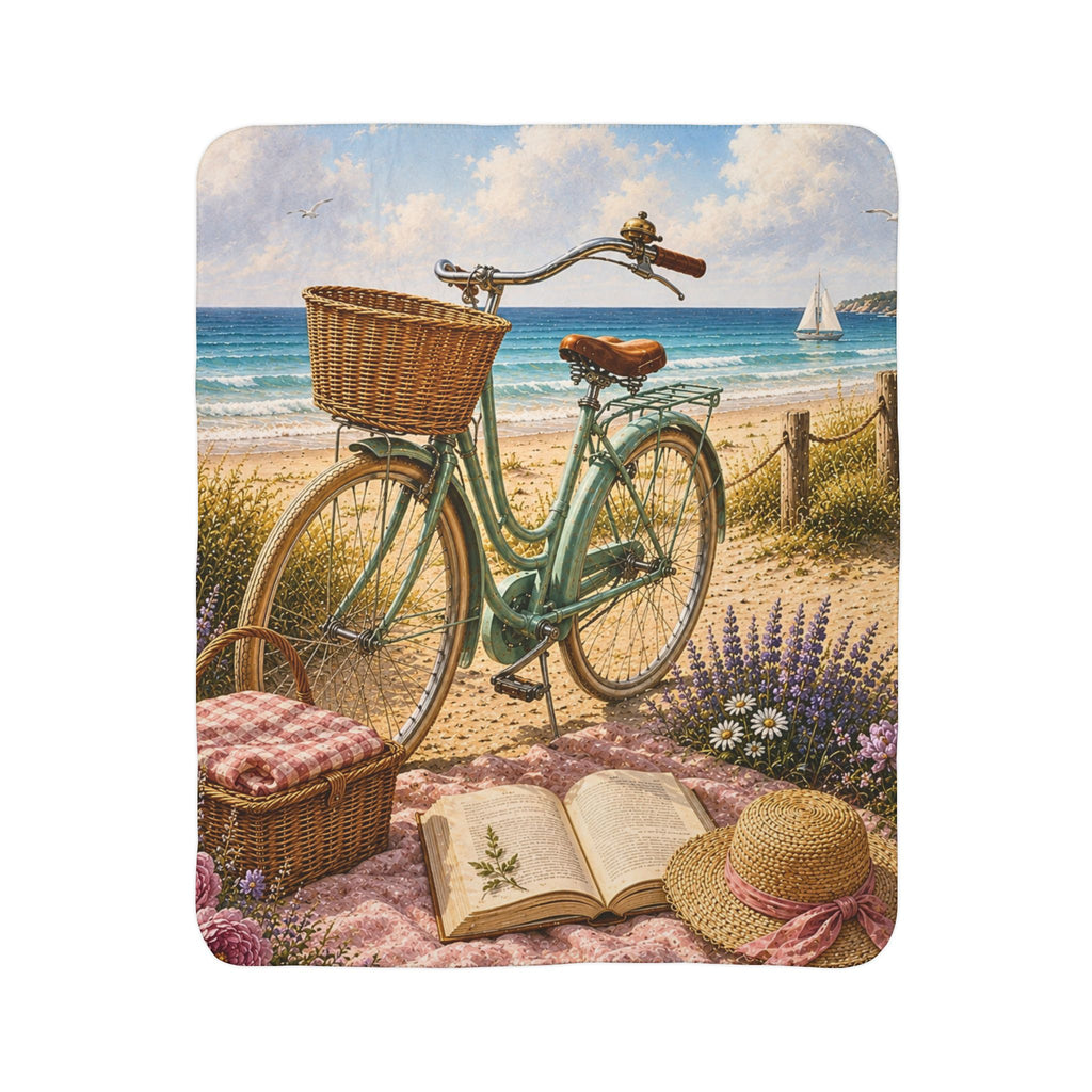 Sherpa Blanket — Coastal Bicycle Beach Scene Fleece Throw