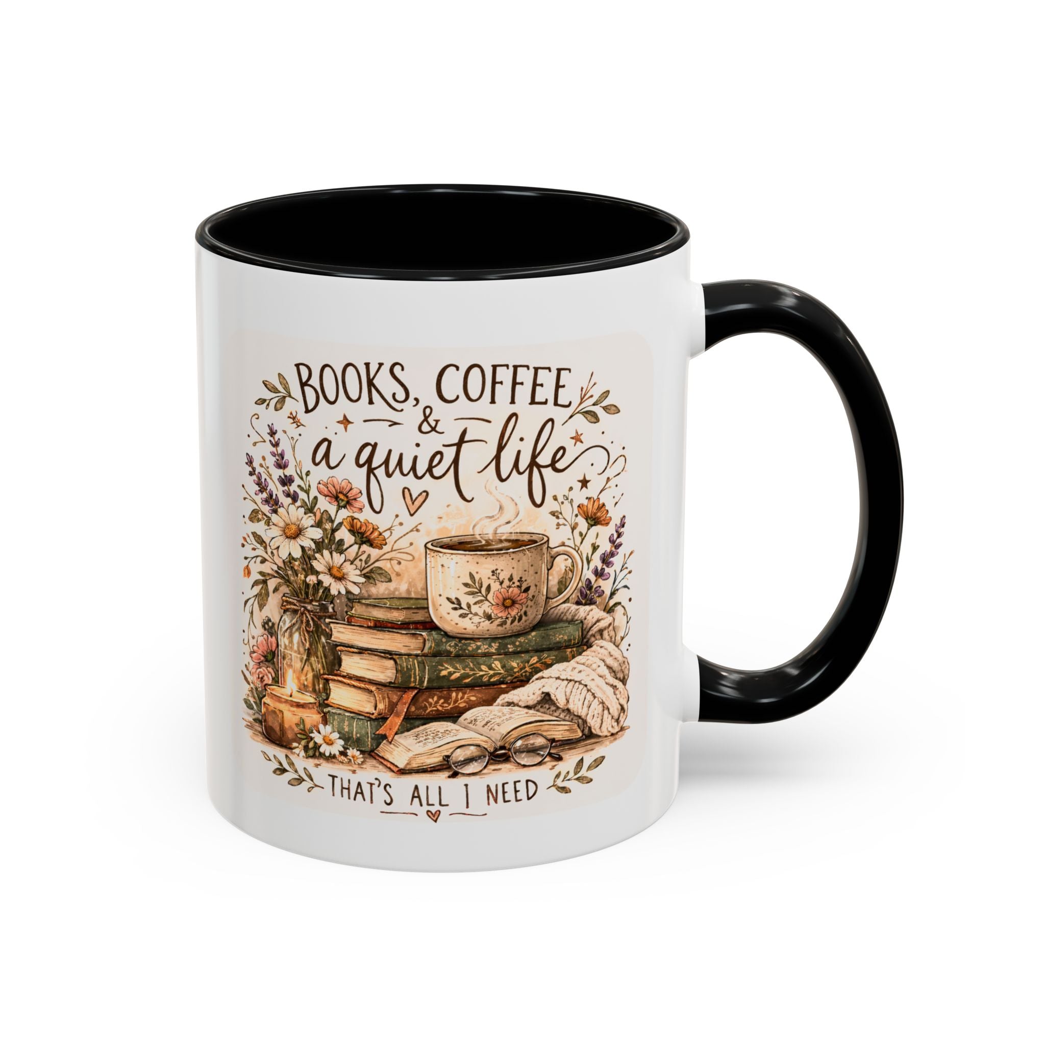 Books, Coffee & A Quiet Life Accent Coffee Mug — Cozy Literary Tea Cup (11/15oz)