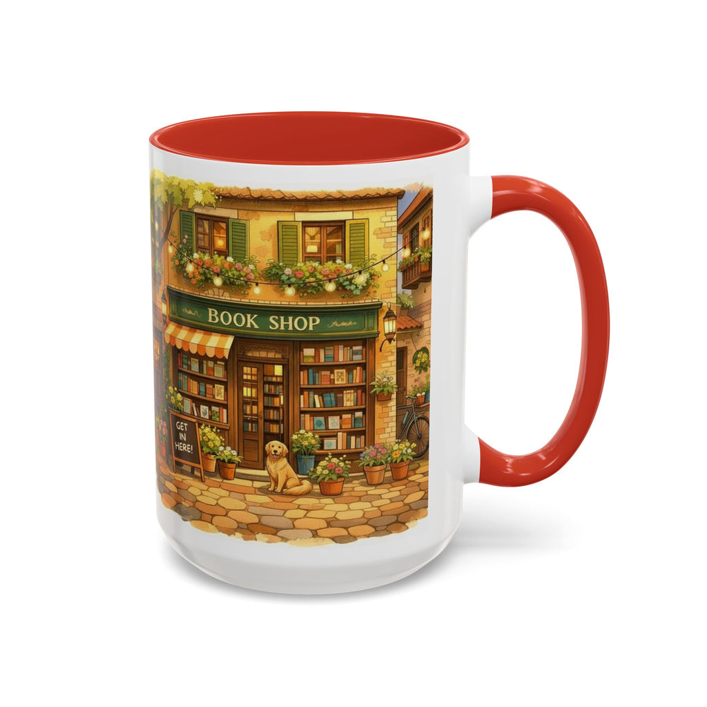 Bookshop Coffee Mug — Cozy Village Bookstore Illustration Accent Mug for Book and Dog Lovers (15oz)