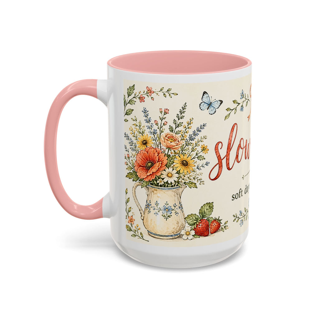 Slow Living Coffee Mug — "soft days, simple joys" Floral Accent Mug