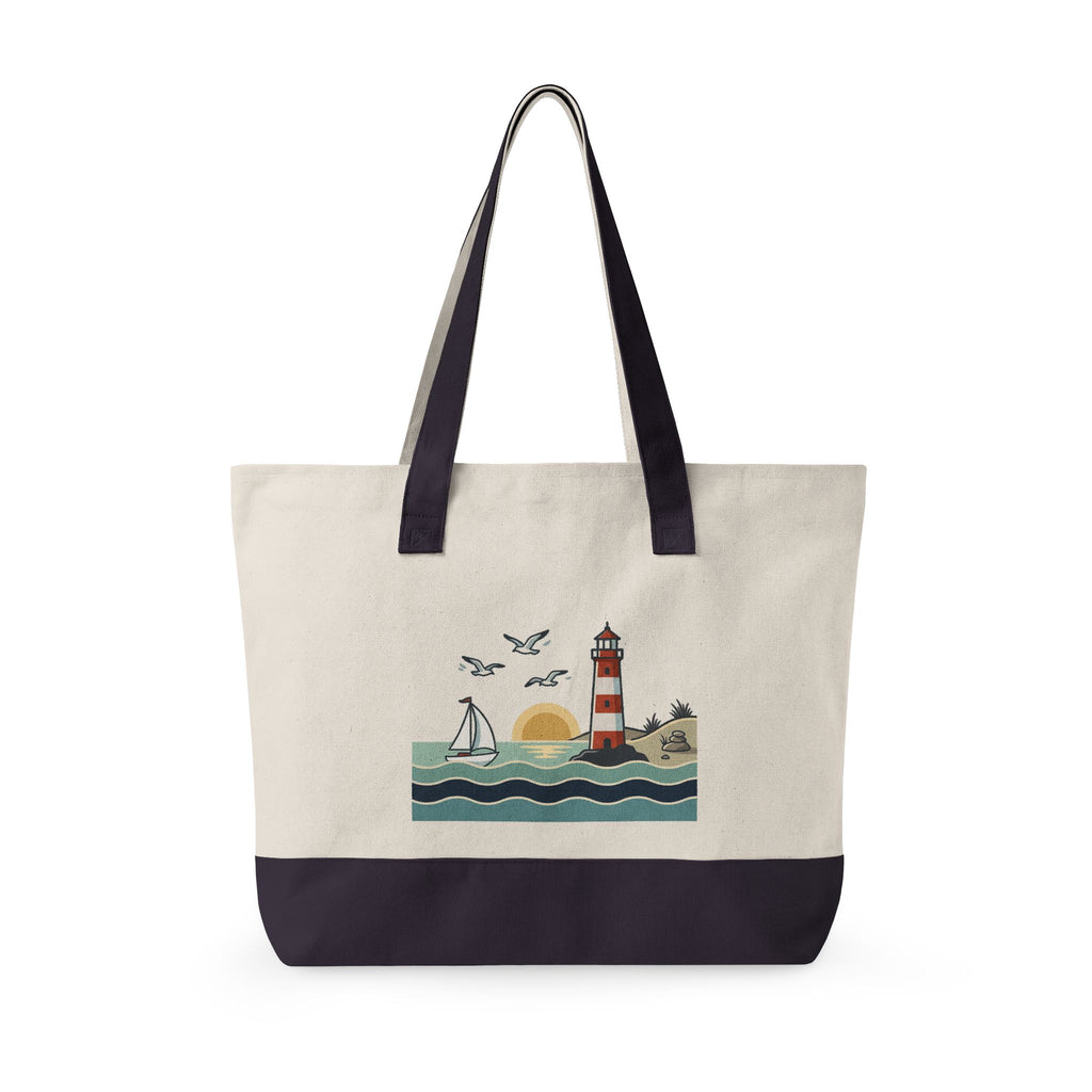 Lighthouse Sunset Canvas Tote Bag — Zippered Beach Tote with Sailboat Design
