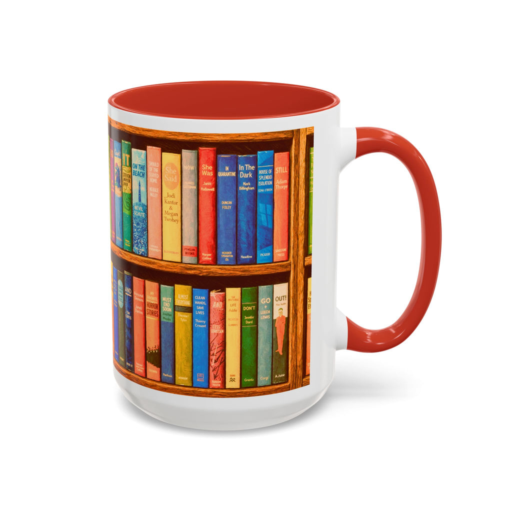 Booklover Accent Coffee Mug – Colorful Bookshelf Design (15 oz)