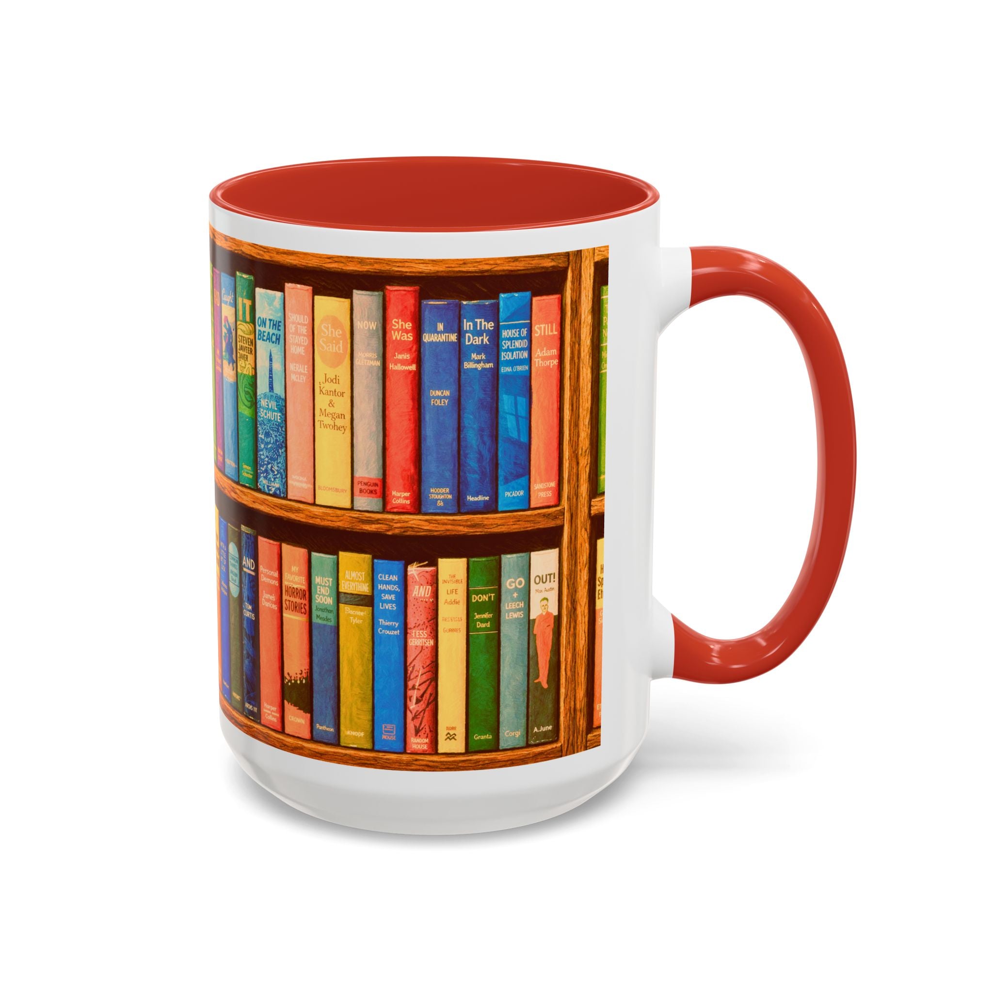 Booklover Accent Coffee Mug – Colorful Bookshelf Design (15 oz)