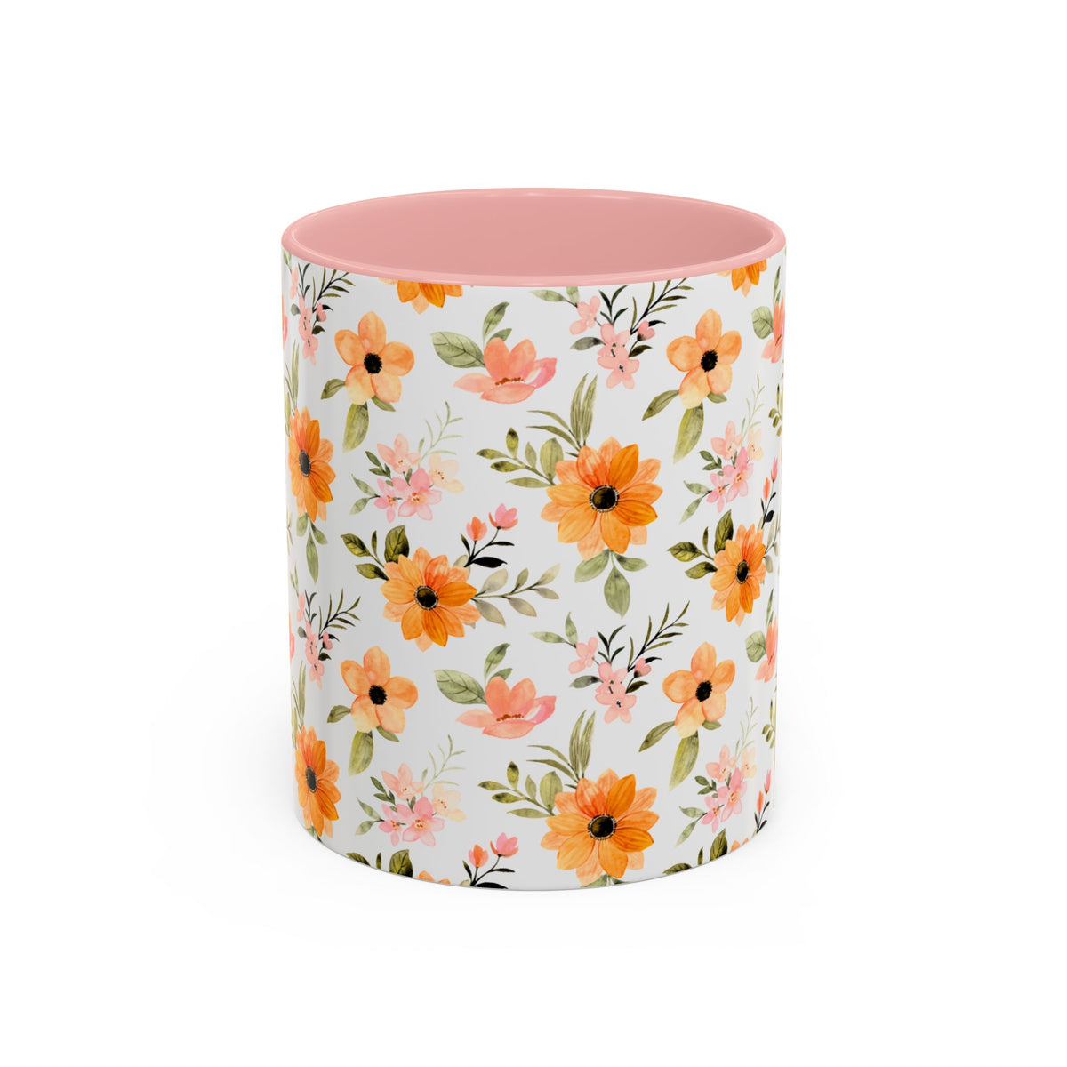 Floral Orange Watercolor Accent Mug — Bright Spring Coffee Cup (11/15 oz)