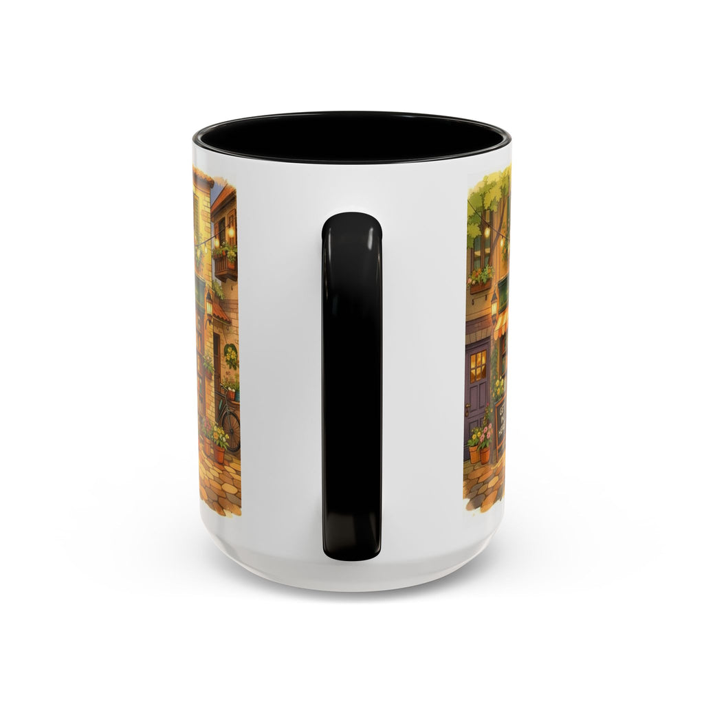 Bookshop Coffee Mug — Cozy Village Bookstore Illustration Accent Mug for Book and Dog Lovers (15oz)