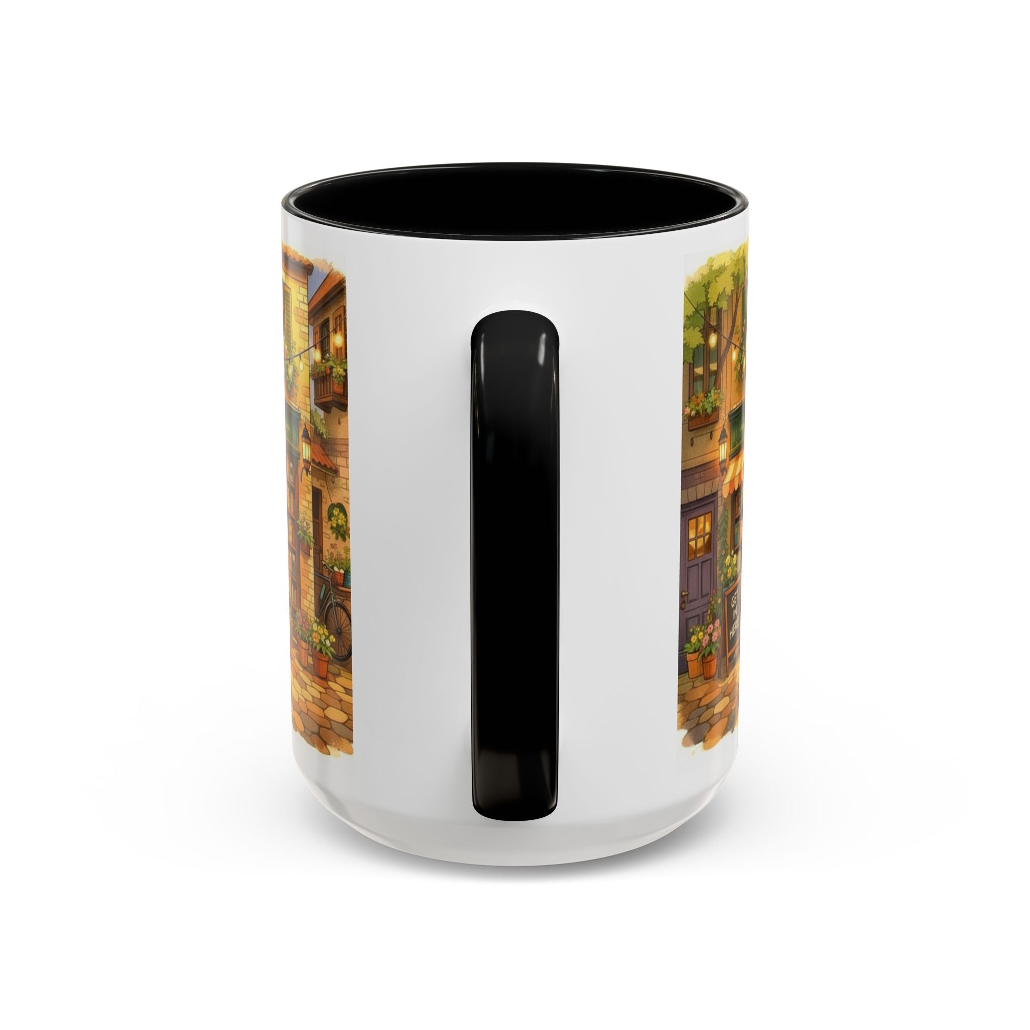 Bookshop Coffee Mug — Cozy Village Bookstore Illustration Accent Mug for Book and Dog Lovers (15oz)