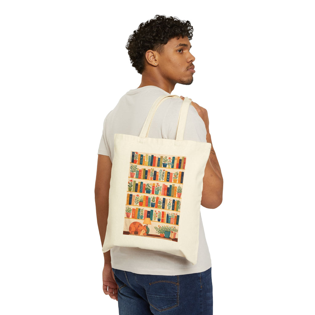 Book Lover Tote Bag — Cozy Bookshelf Illustration with Sleeping Cat