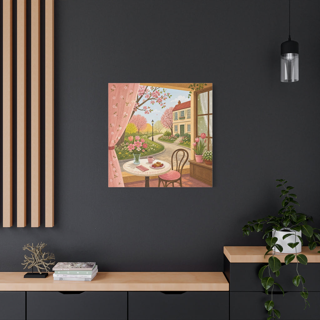 Spring Cottage Café Canvas Wall Art — Cozy Window Scene with Flowers and Pastries