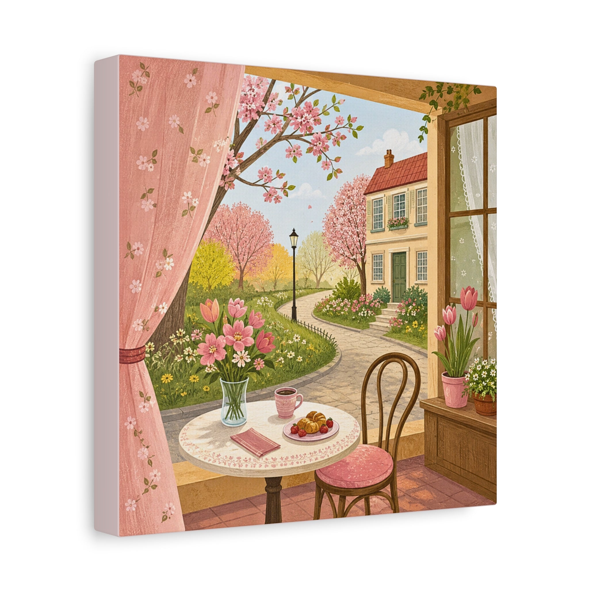 Spring Cottage Café Canvas Wall Art — Cozy Window Scene with Flowers and Pastries