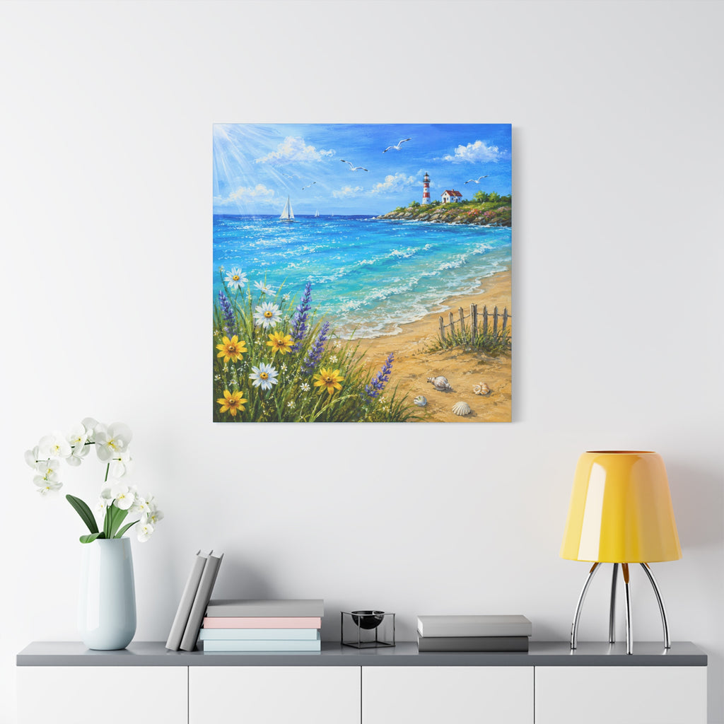 Coastal Lighthouse Beach Canvas Print — Seaside Floral Wall Art (Matte Stretched)