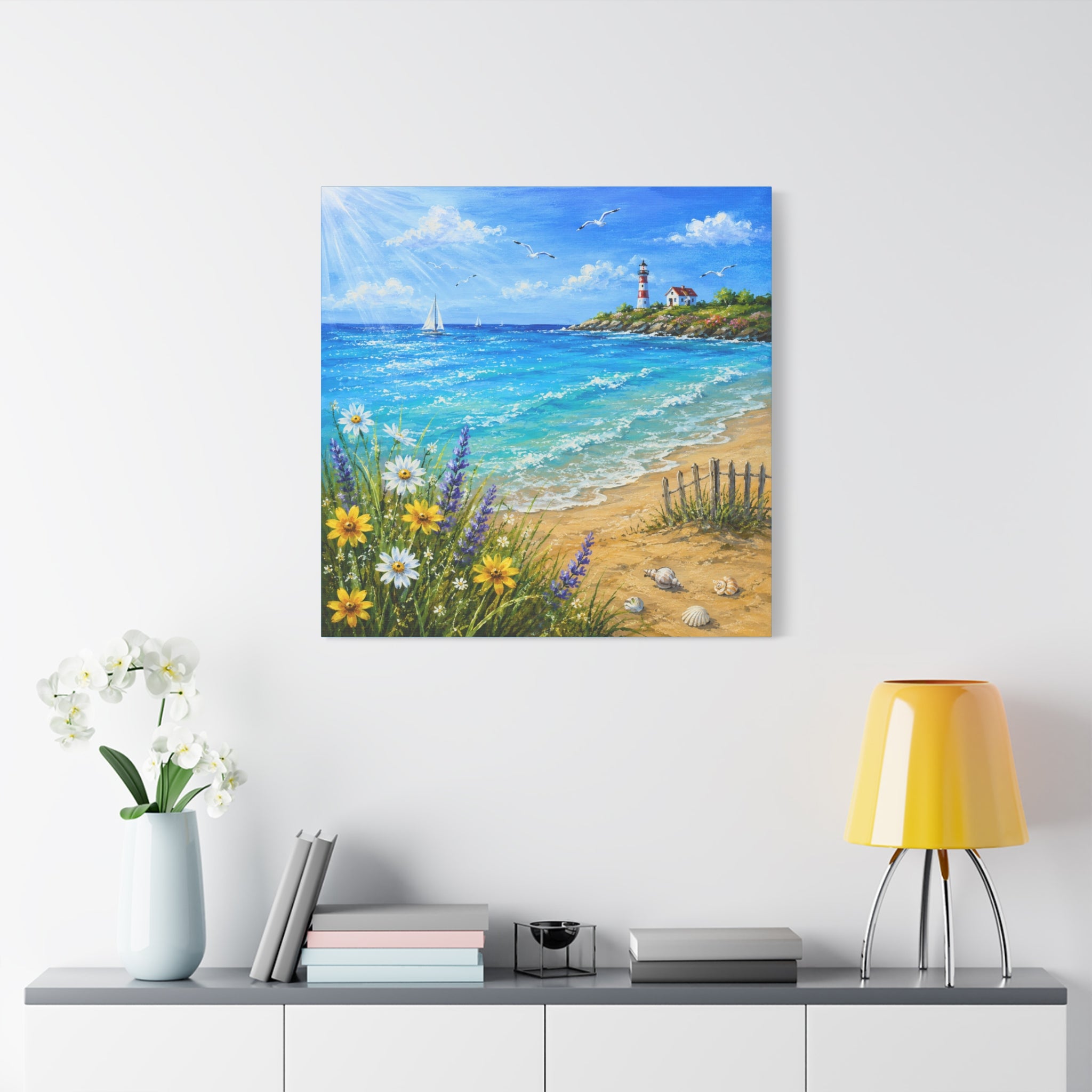 Coastal Lighthouse Beach Canvas Print — Seaside Floral Wall Art (Matte Stretched)