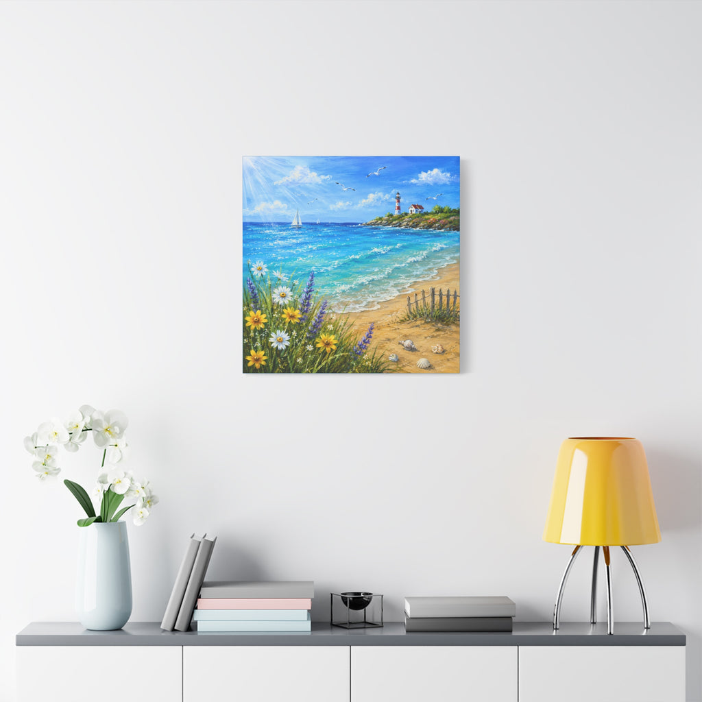 Coastal Lighthouse Beach Canvas Print — Seaside Floral Wall Art (Matte Stretched)