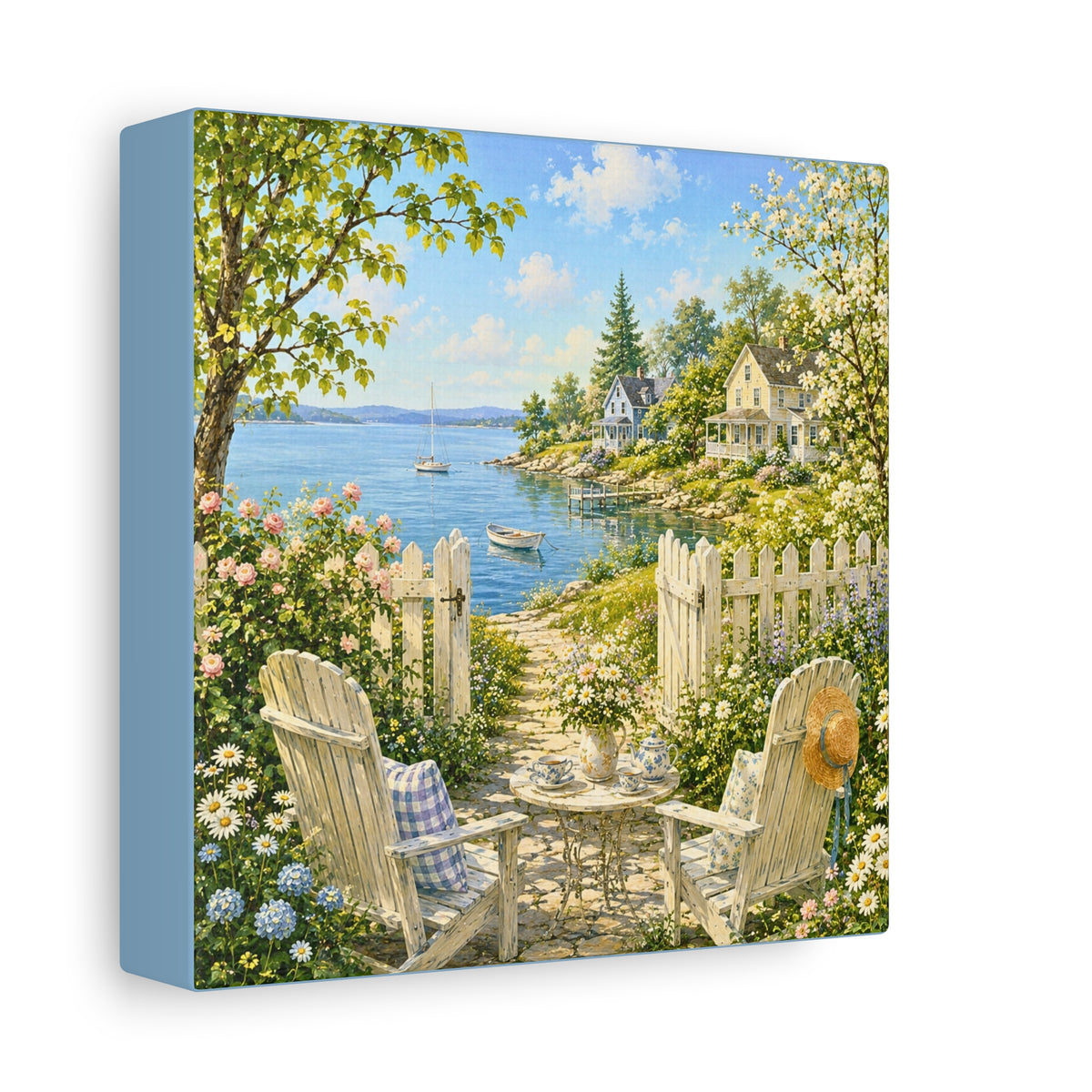 Seaside Cottage Canvas Art – Sunny Coastal Garden Path Matte Stretched Wall Decor