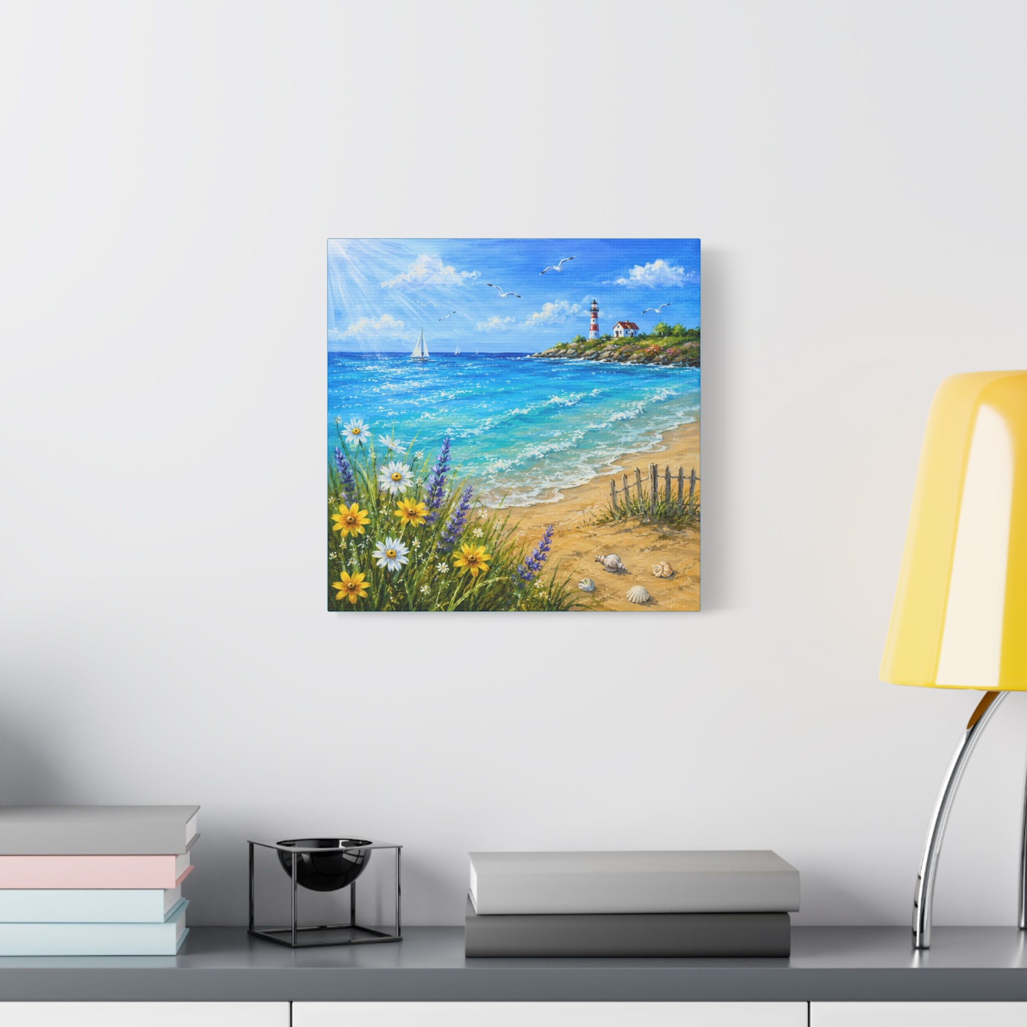 Coastal Lighthouse Beach Canvas Print — Seaside Floral Wall Art (Matte Stretched)