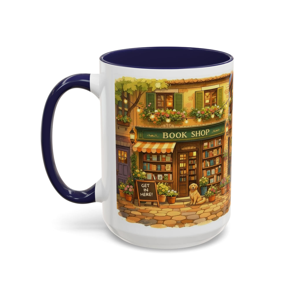 Bookshop Coffee Mug — Cozy Village Bookstore Illustration Accent Mug for Book and Dog Lovers (15oz)