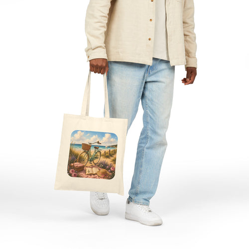 Beach Bicycle Tote Bag — Vintage Coastal Canvas Tote (Summer Picnic, “Bike by the Sea” Design)