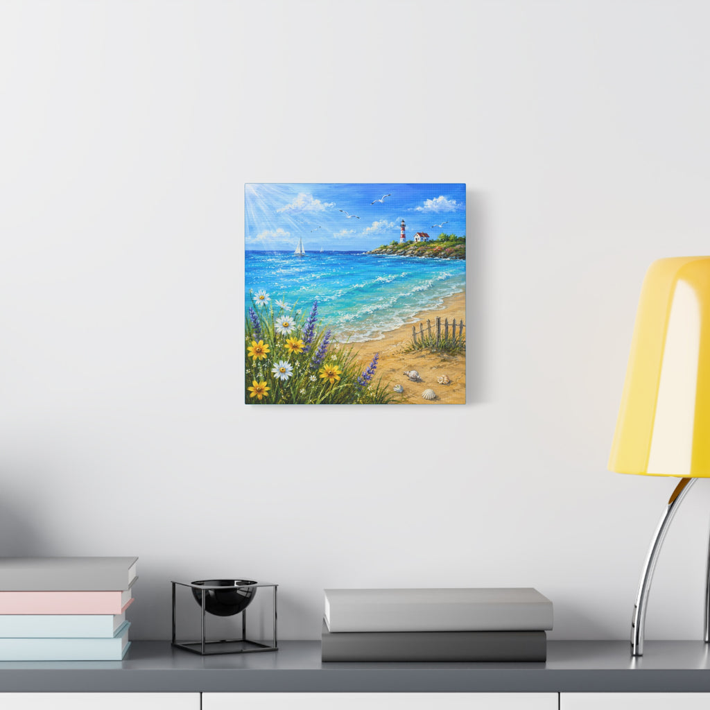 Coastal Lighthouse Beach Canvas Print — Seaside Floral Wall Art (Matte Stretched)