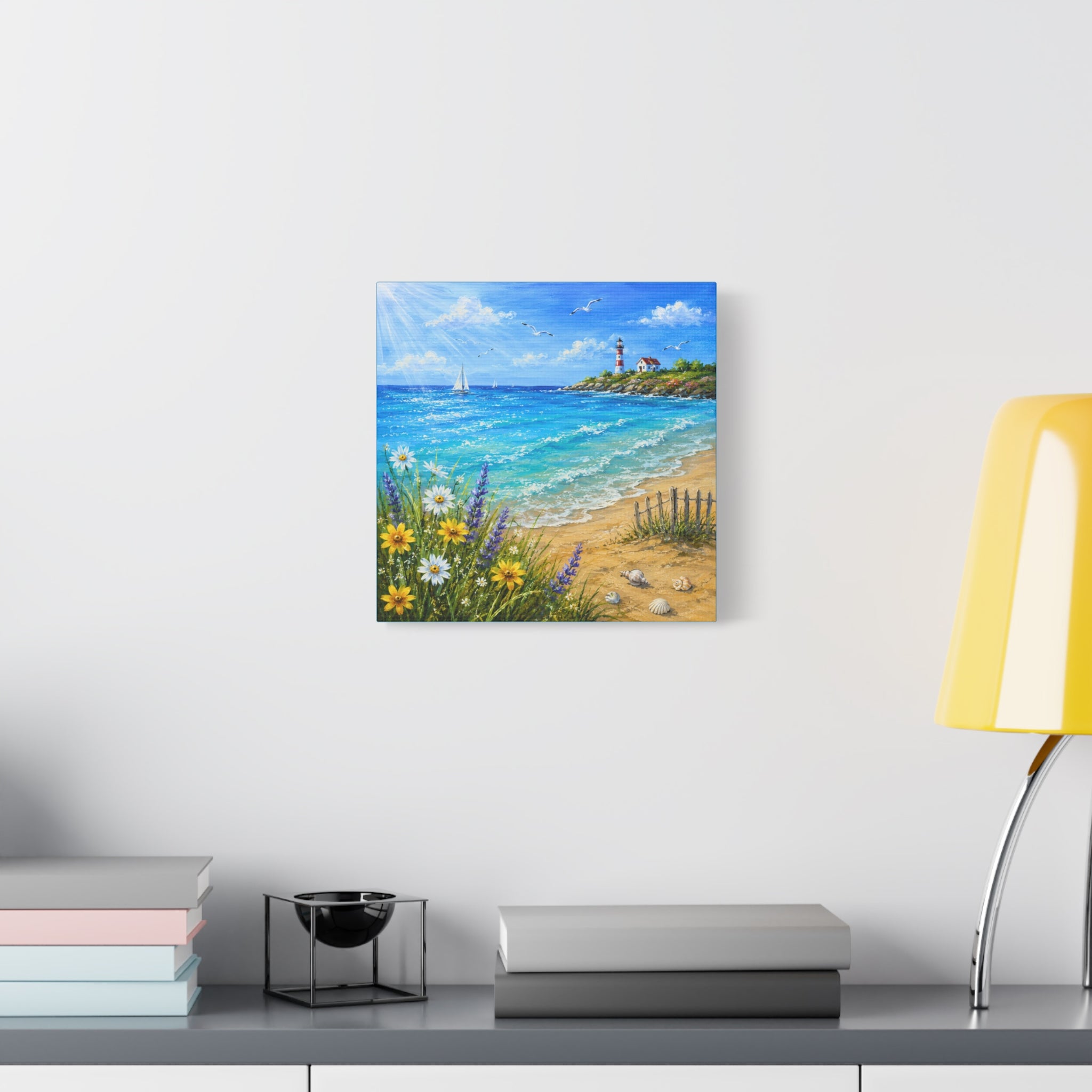 Coastal Lighthouse Beach Canvas Print — Seaside Floral Wall Art (Matte Stretched)