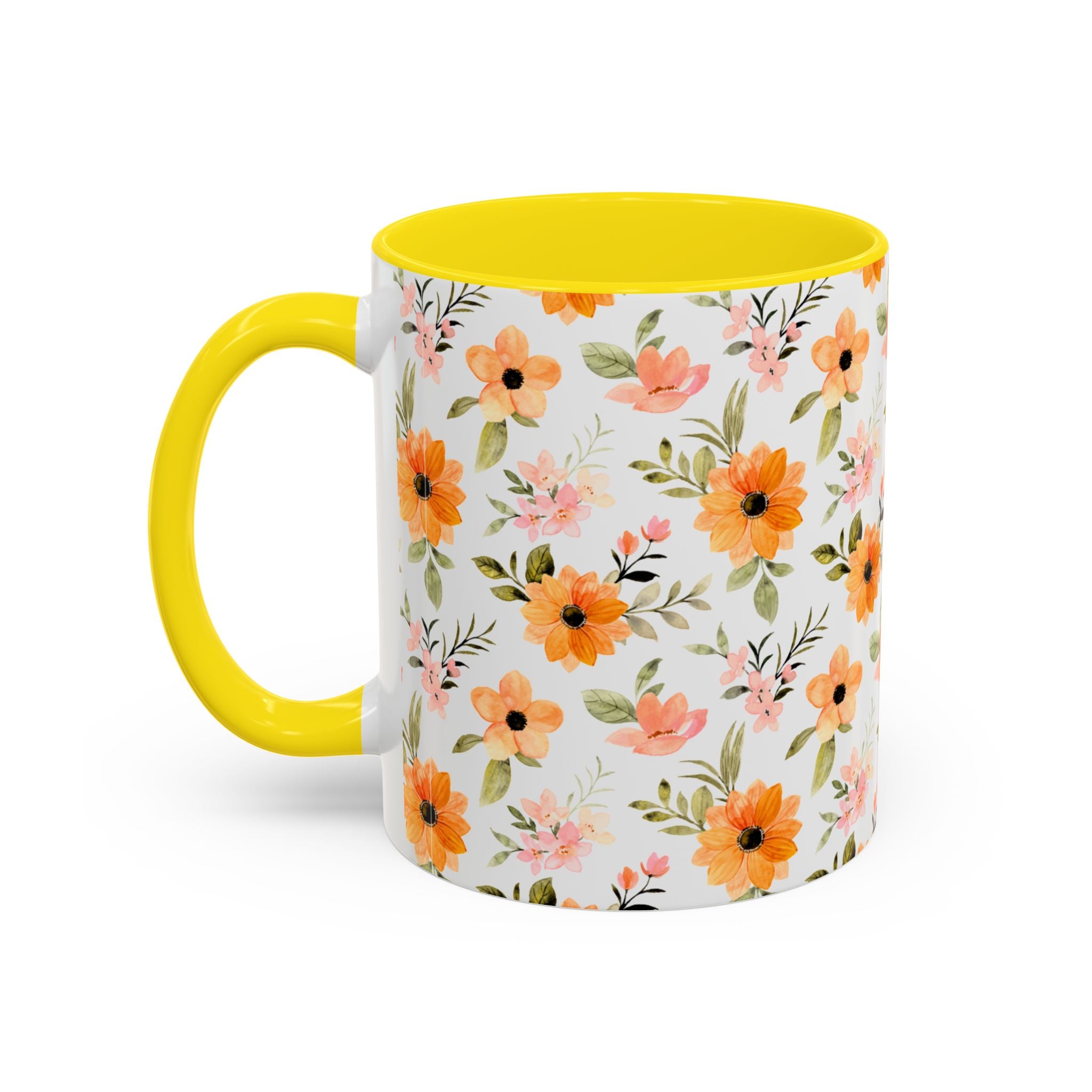 Floral Orange Watercolor Accent Mug — Bright Spring Coffee Cup (11/15 oz)