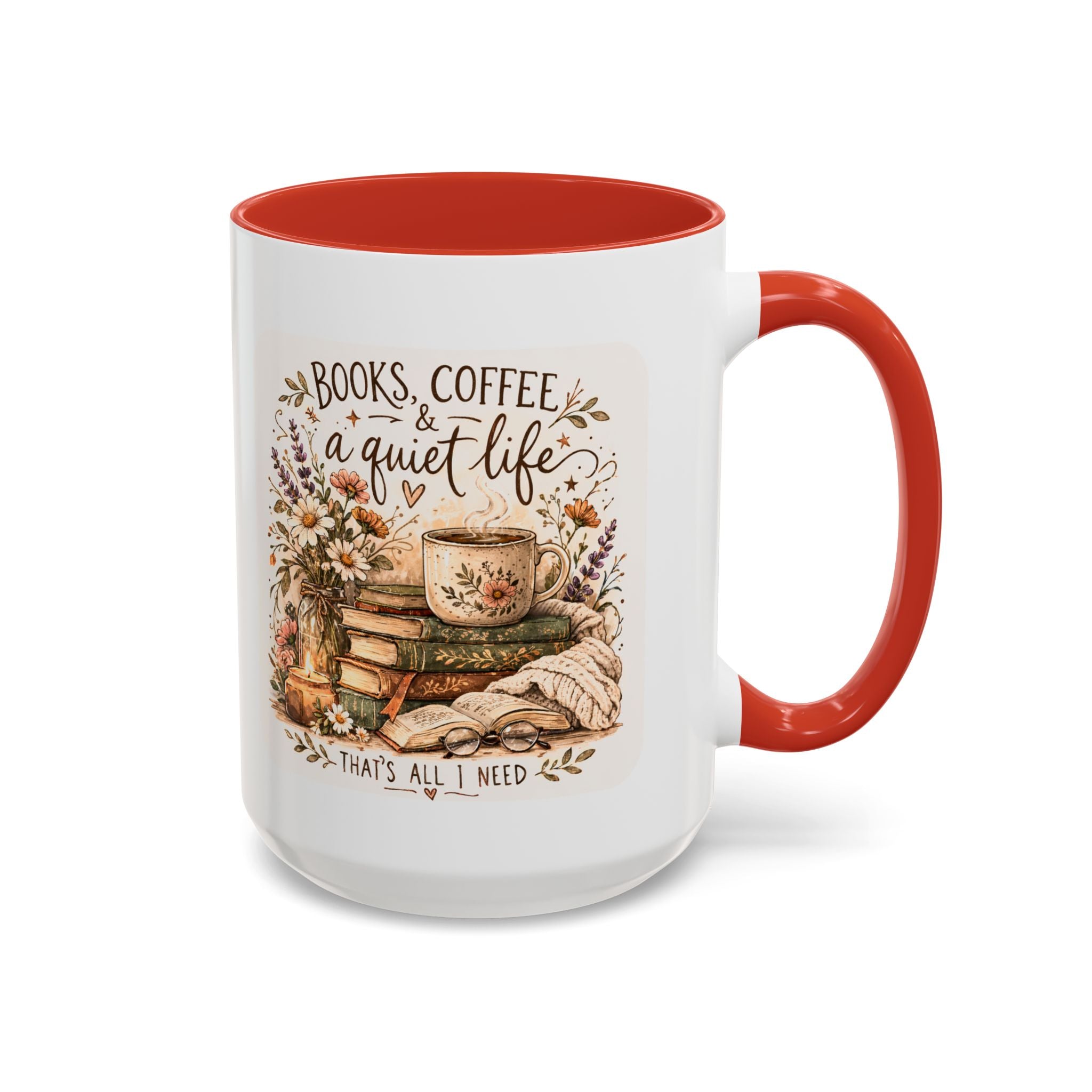 Books, Coffee & A Quiet Life Accent Coffee Mug — Cozy Literary Tea Cup (11/15oz)