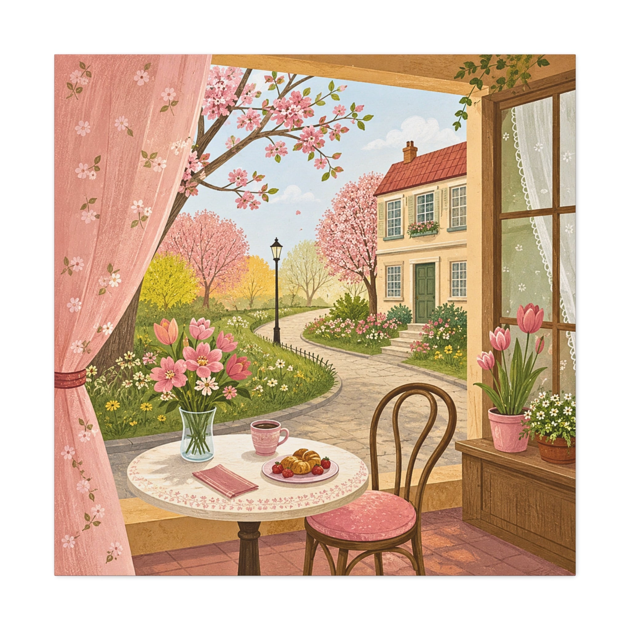 Spring Cottage Café Canvas Wall Art — Cozy Window Scene with Flowers and Pastries
