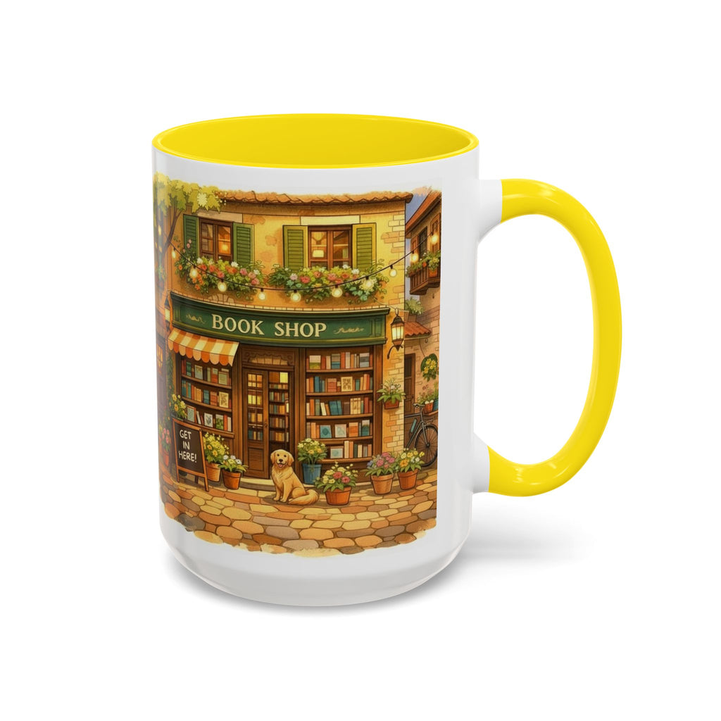 Bookshop Coffee Mug — Cozy Village Bookstore Illustration Accent Mug for Book and Dog Lovers (15oz)