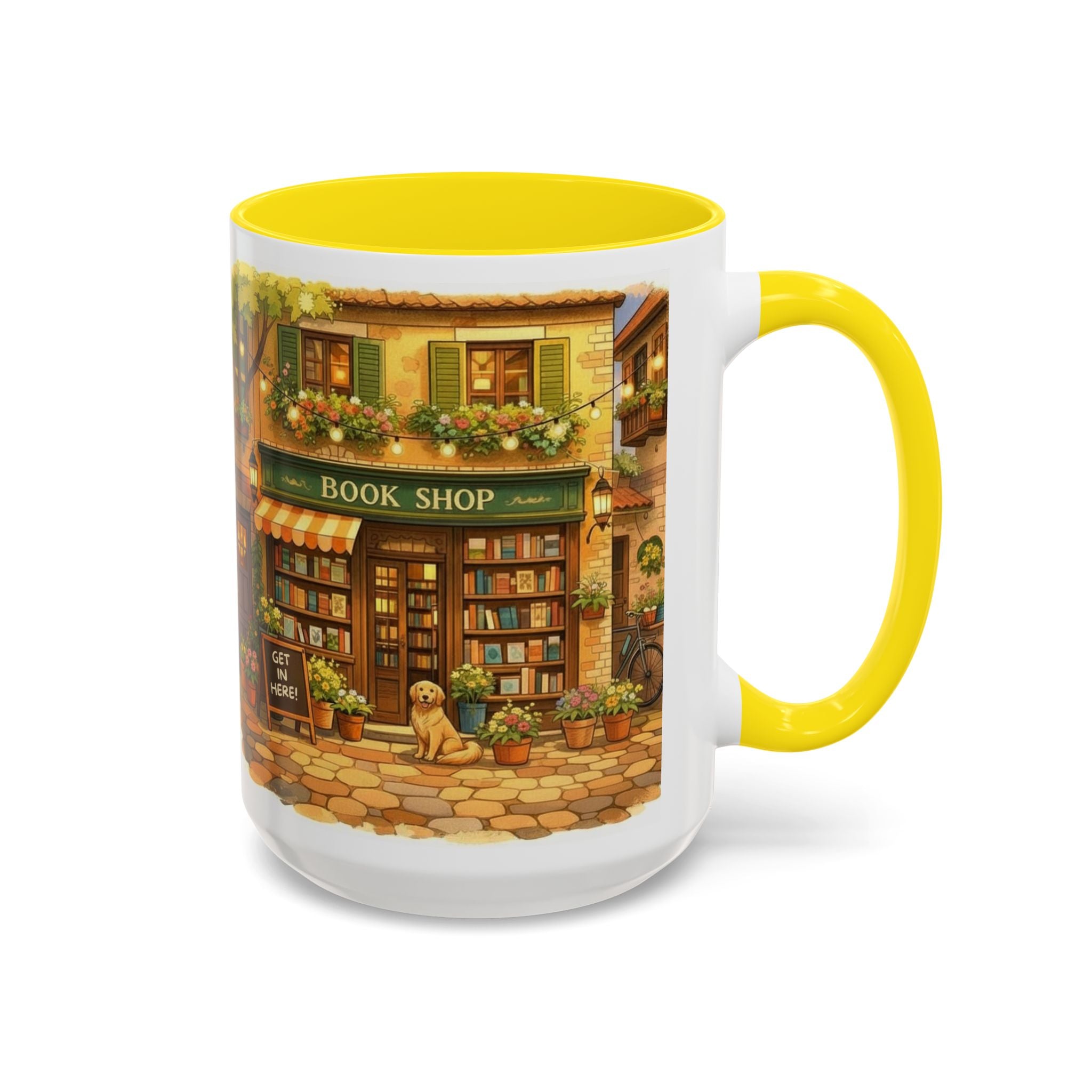 Bookshop Coffee Mug — Cozy Village Bookstore Illustration Accent Mug for Book and Dog Lovers (15oz)