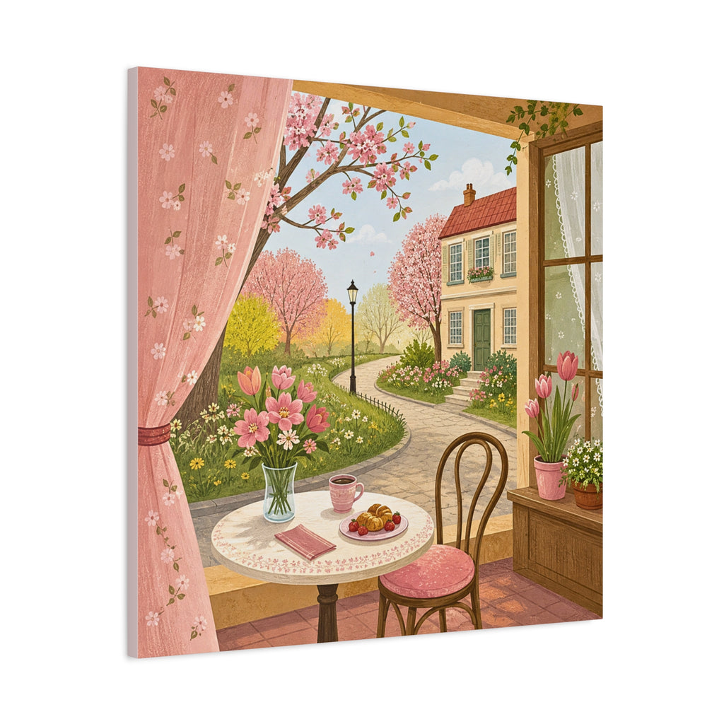 Spring Cottage Café Canvas Wall Art — Cozy Window Scene with Flowers and Pastries