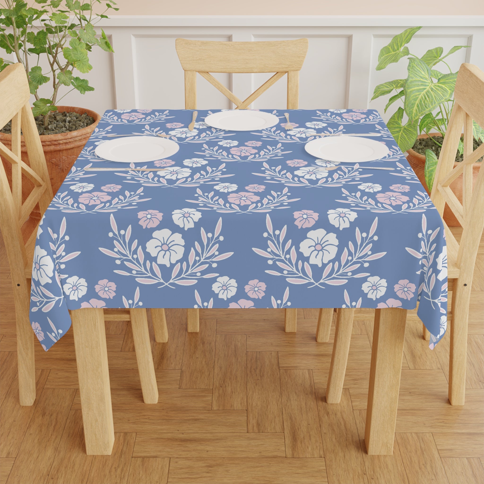 Blue Floral Tablecloth – Vintage Cottagecore Garden Pattern for Dining & Tea Parties