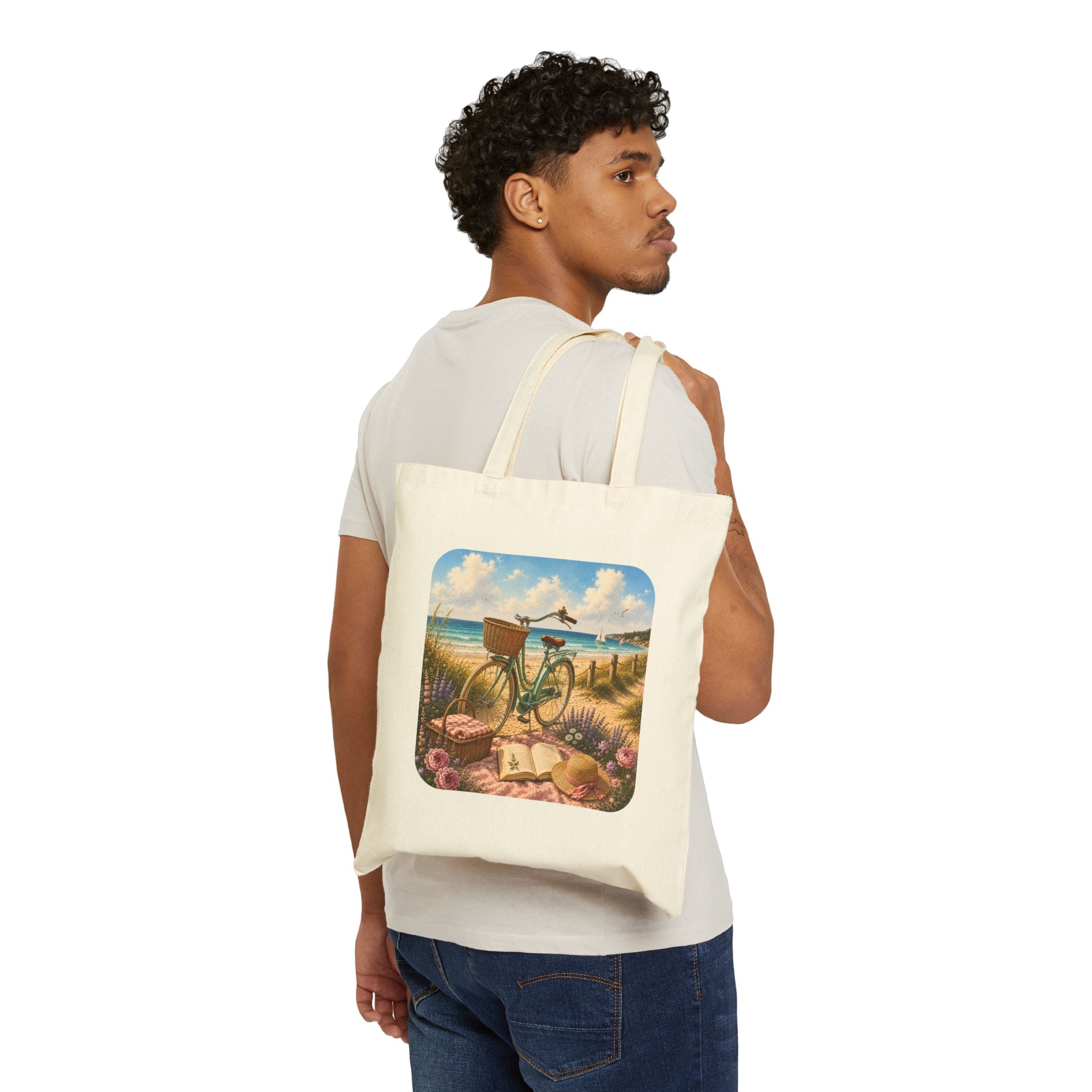 Beach Bicycle Tote Bag — Vintage Coastal Canvas Tote (Summer Picnic, “Bike by the Sea” Design)