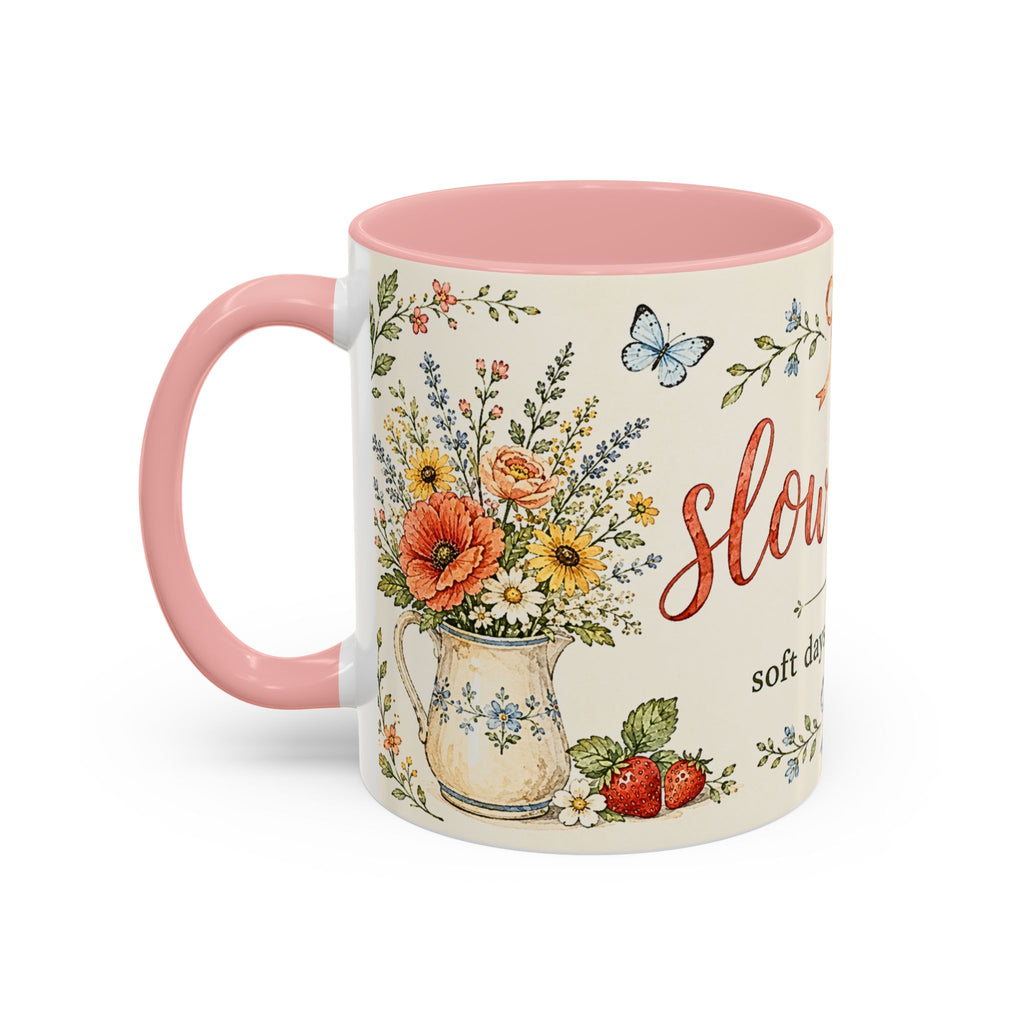 Slow Living Coffee Mug — "soft days, simple joys" Floral Accent Mug