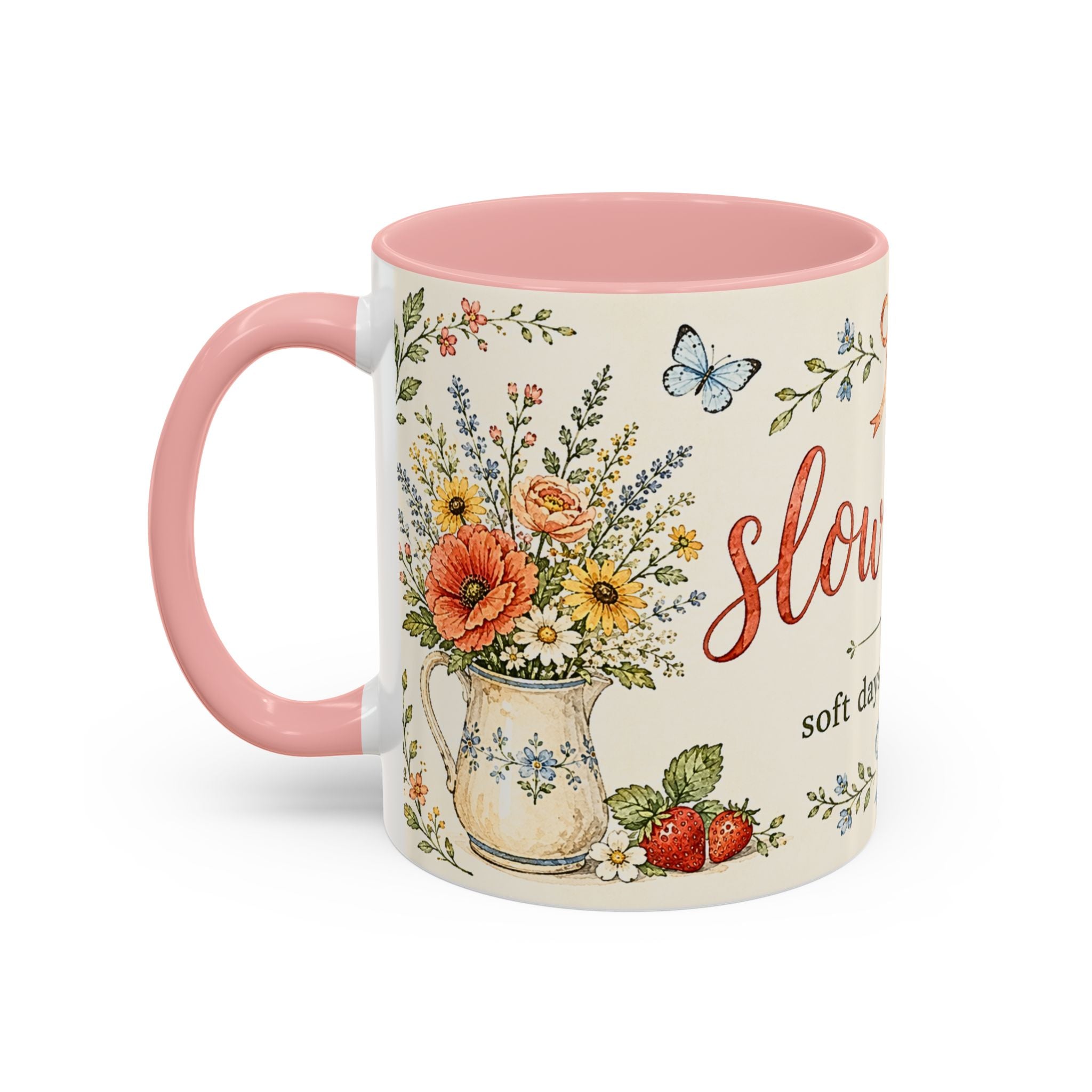 Slow Living Coffee Mug — "soft days, simple joys" Floral Accent Mug