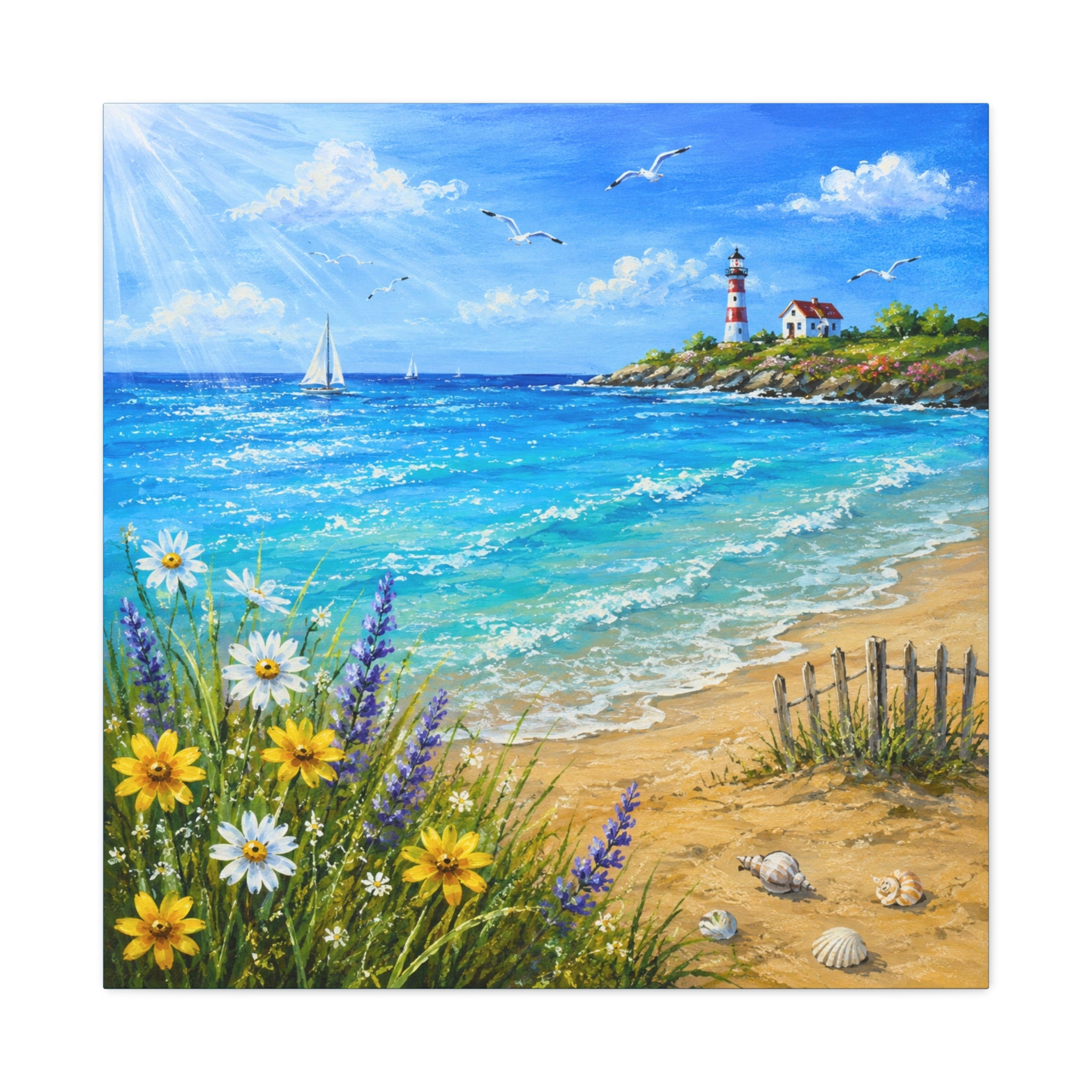 Coastal Lighthouse Beach Canvas Print — Seaside Floral Wall Art (Matte Stretched)